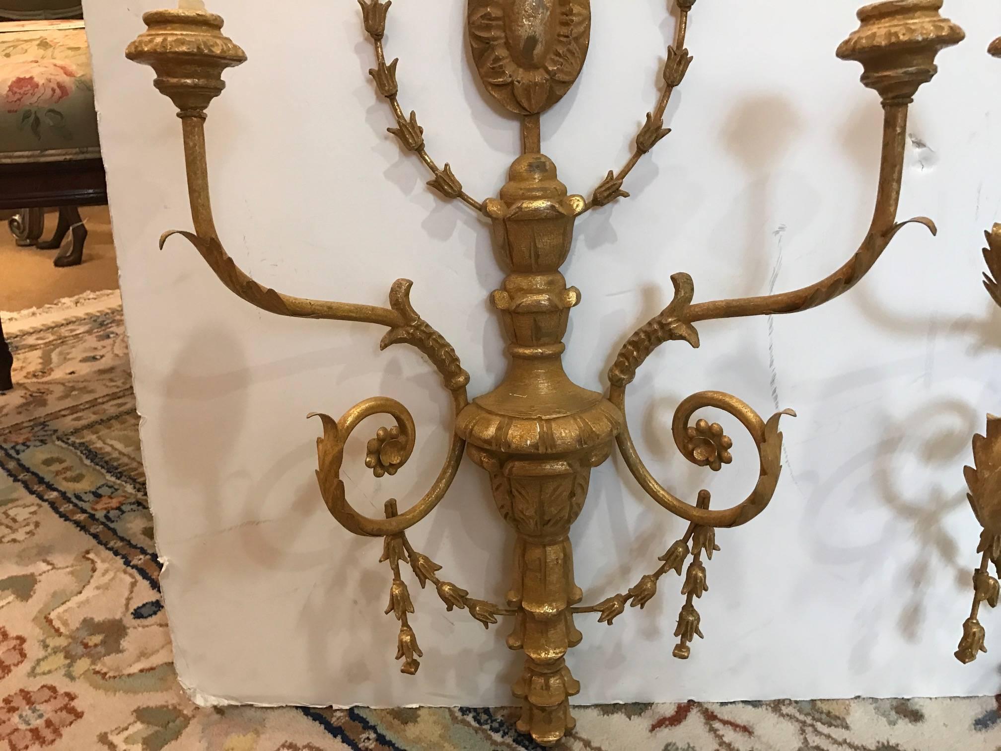 Adam Style Giltwood Candle Sconces In Excellent Condition In Lambertville, NJ