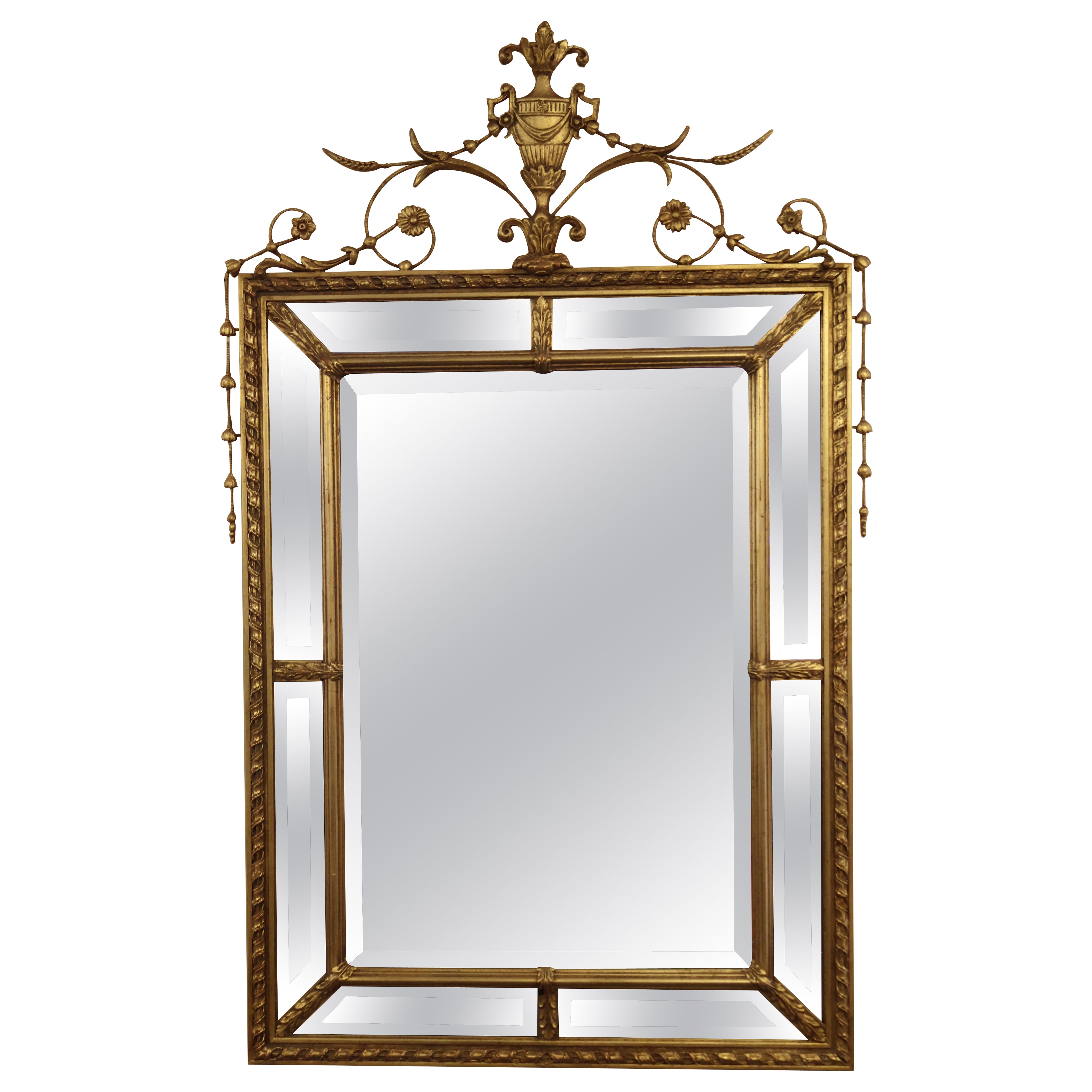 Miroir biseauté vertical de style Adam doré fabriqué par Friedman Brothers