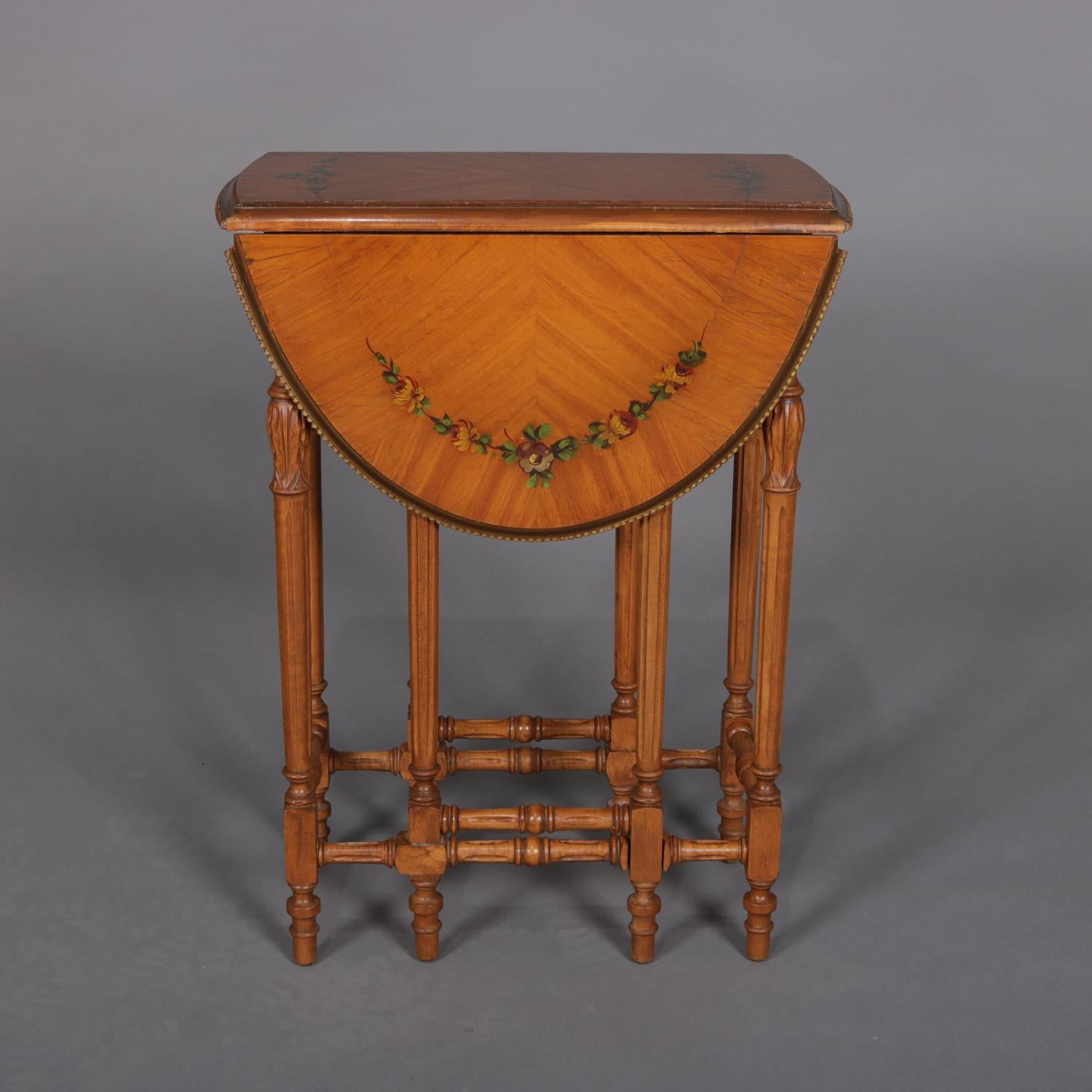 Carved Adam Style Hand Painted Satinwood Pembroke Single Drawer End Stand, 20th Century