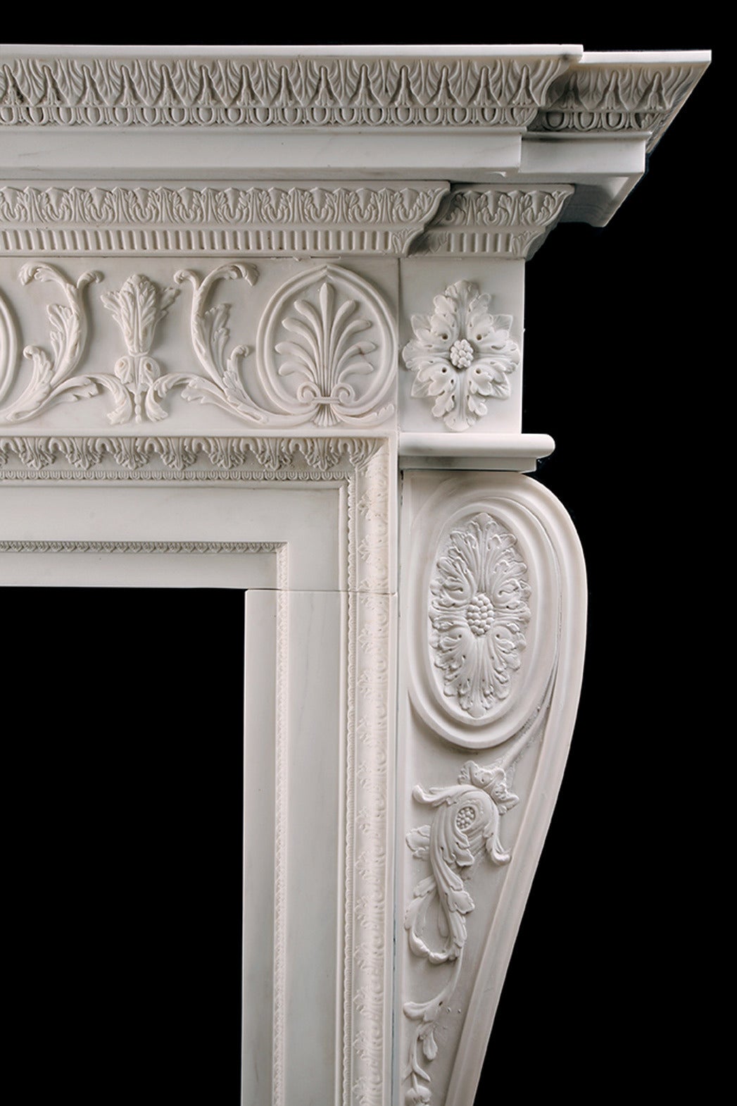 This marble chimneypiece has been copied from an original by the great Scottish architect Robert Adam. It takes many months to produce and has all the quality and refinement of the original. Its Neoclassicism at its best, as you would expect from