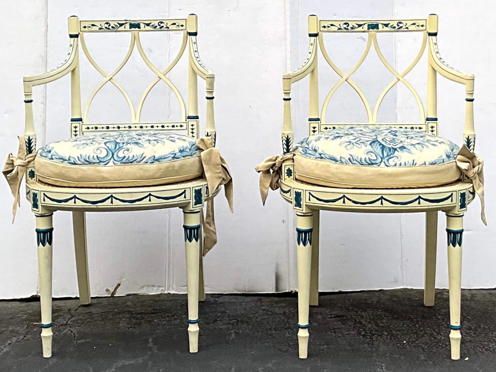 American Adam Style Painted Blue & White Needlepoint & Cane Carved Bergere Chairs - Pair For Sale