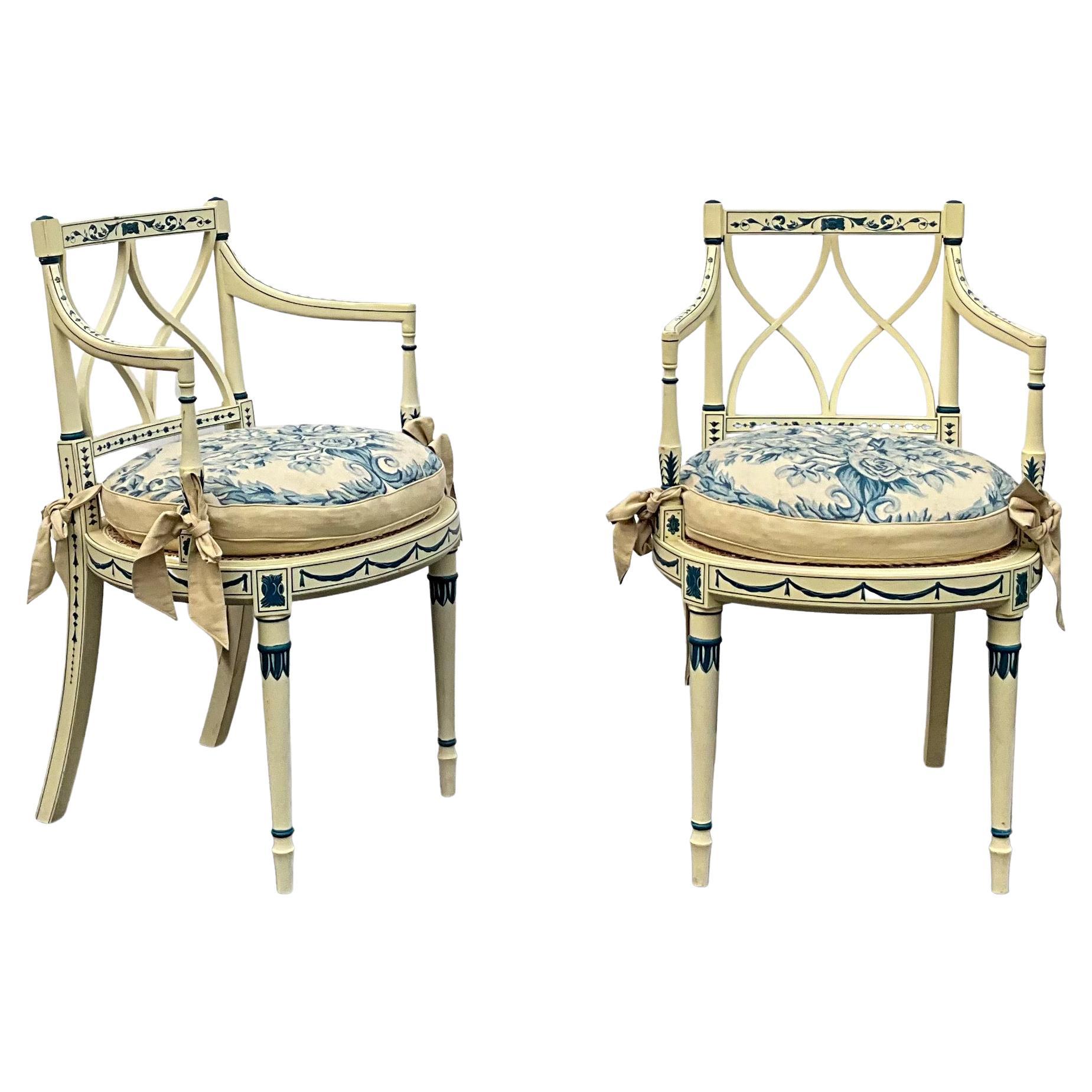 Adam Style Painted Blue & White Needlepoint & Cane Carved Bergere Chairs - Pair