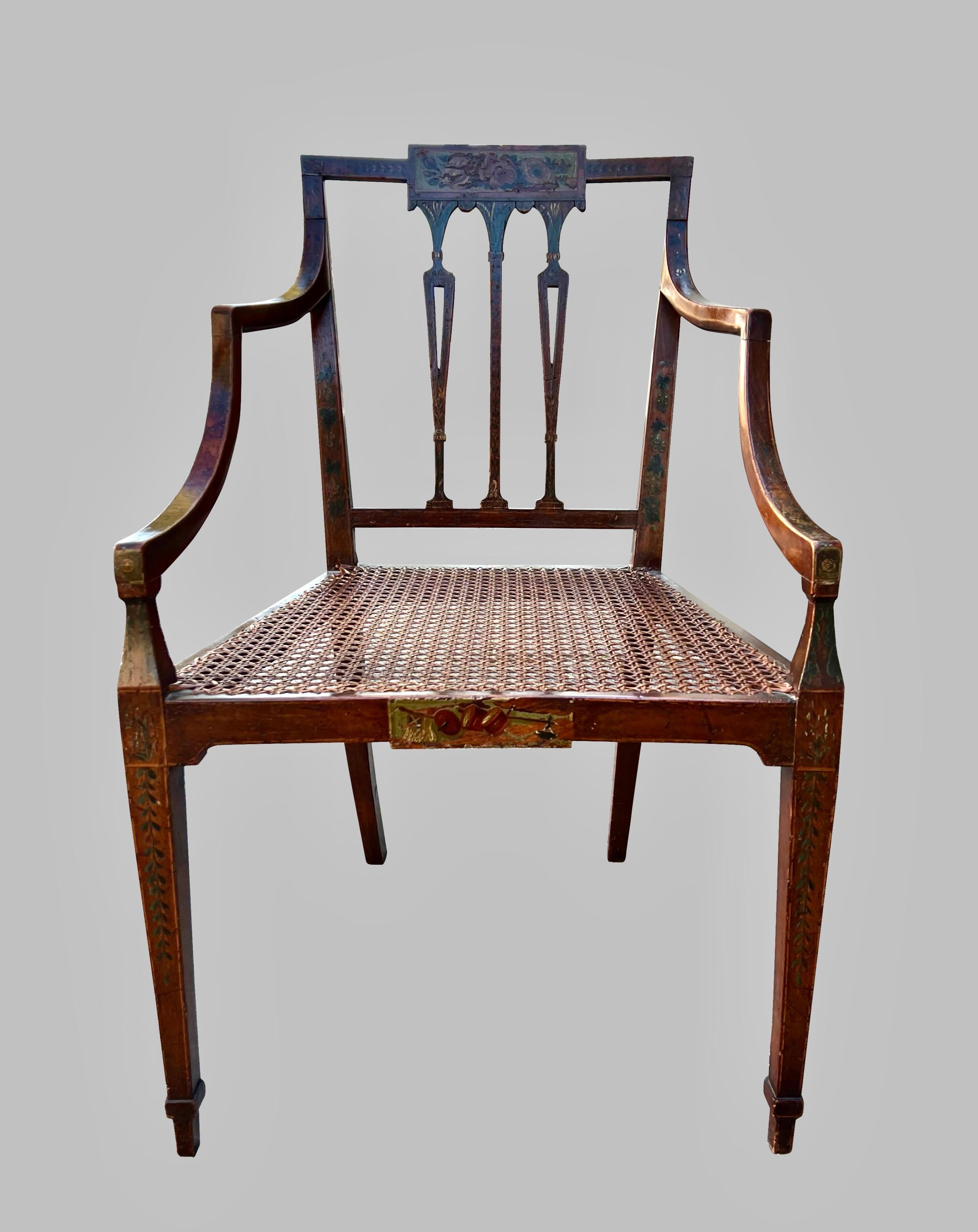 English Adam Style Painted Satinwood Armchair with Floral Decoration and Caned Seat For Sale