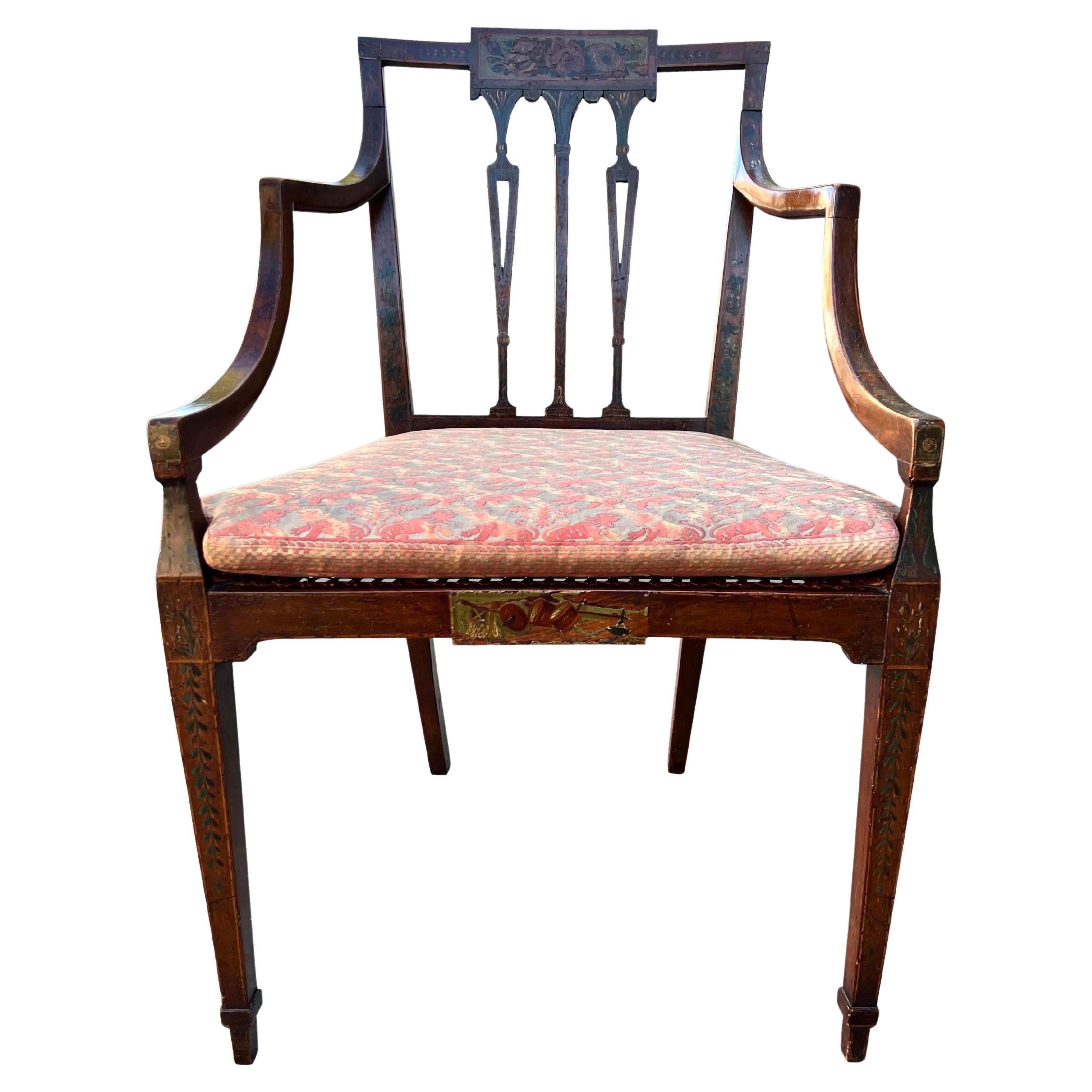 Adam Style Painted Satinwood Armchair with Floral Decoration and Caned Seat For Sale