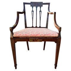 Adam Style Painted Satinwood Armchair with Floral Decoration and Caned Seat