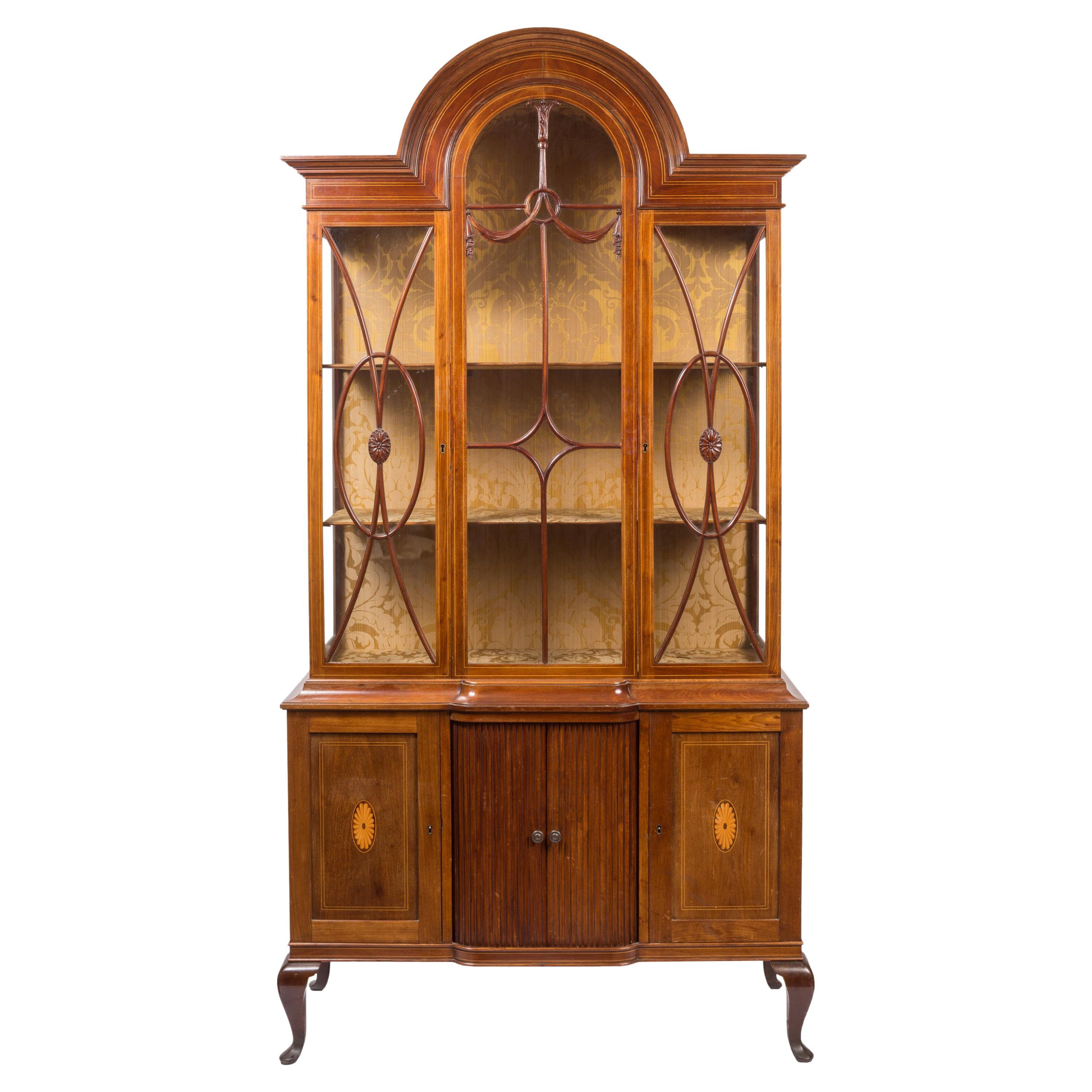 Adam Style Vitrine / China Cabinet with Damask Fabric Interior and Tambour Door For Sale