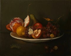 Nature morte aux fruits et aux insectes. 2025. Huile sur toile. 27 x 35 cm. Signé