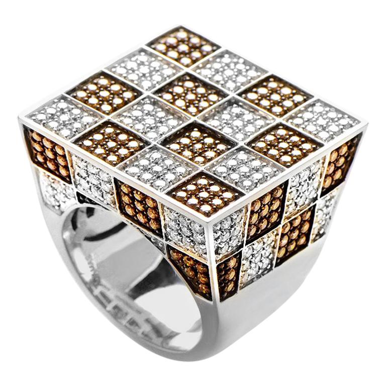 Adamas 18 Karat White Gold White and Brown Diamond Pave Checkered Ring