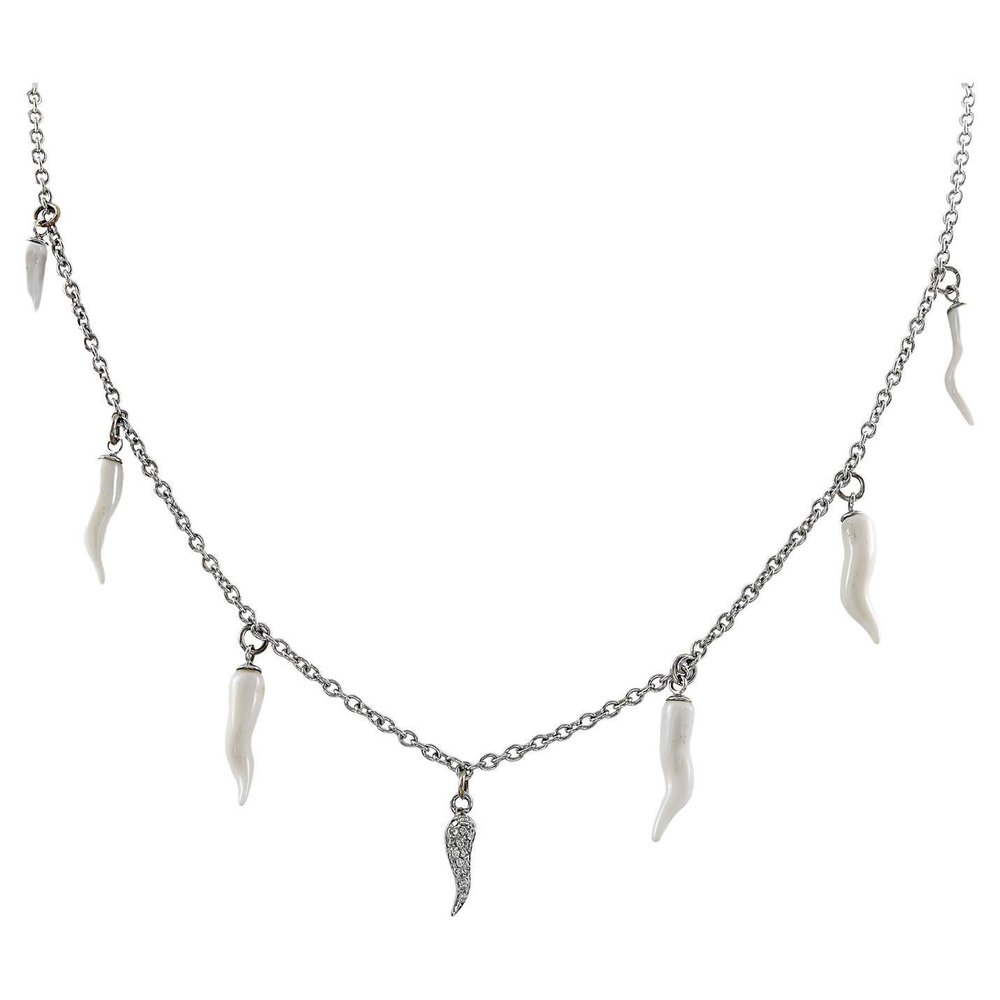 Adamas Cornicello Diamond White Enamel Necklace For Sale