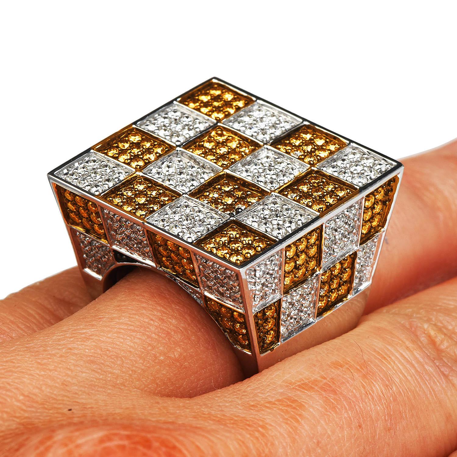 Adamas Milano, bague cocktail italienne en or blanc 18 carats à carreaux pavés de diamants bruns en vente 5