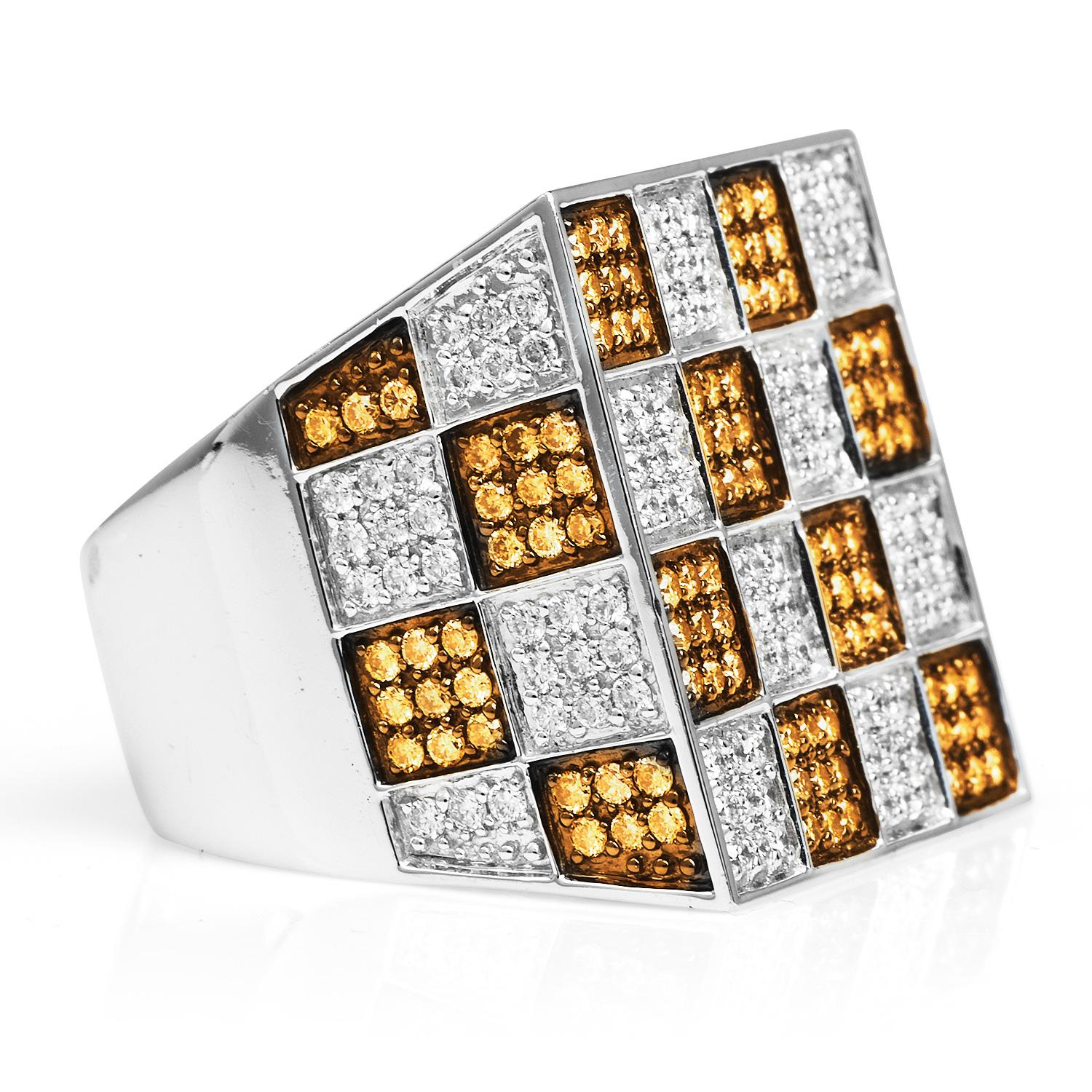 Adamas Milano Italian Brown Diamond 18K White Gold Pave Checkered Cocktail Ring In Excellent Condition For Sale In Miami, FL