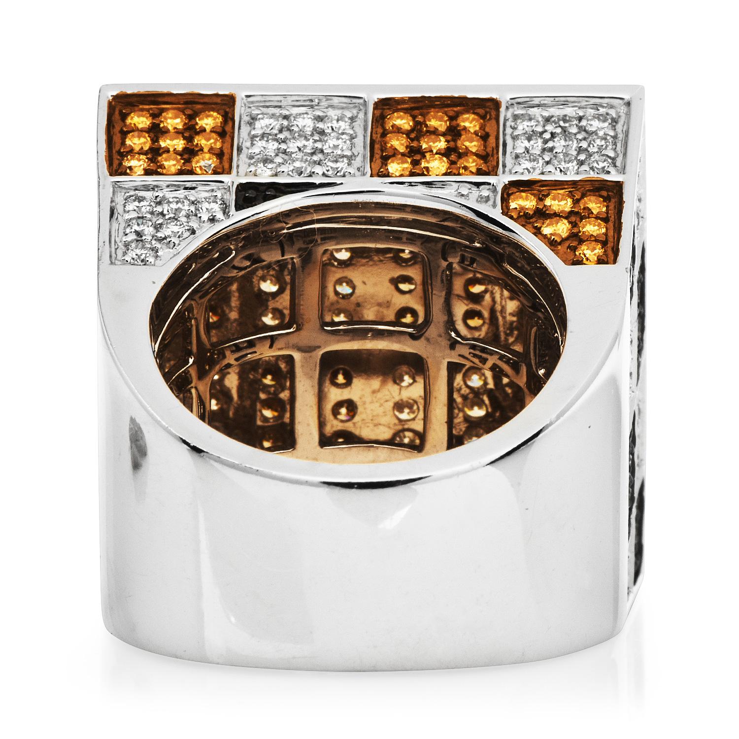 Women's or Men's Adamas Milano Italian Brown Diamond 18K White Gold Pave Checkered Cocktail Ring For Sale