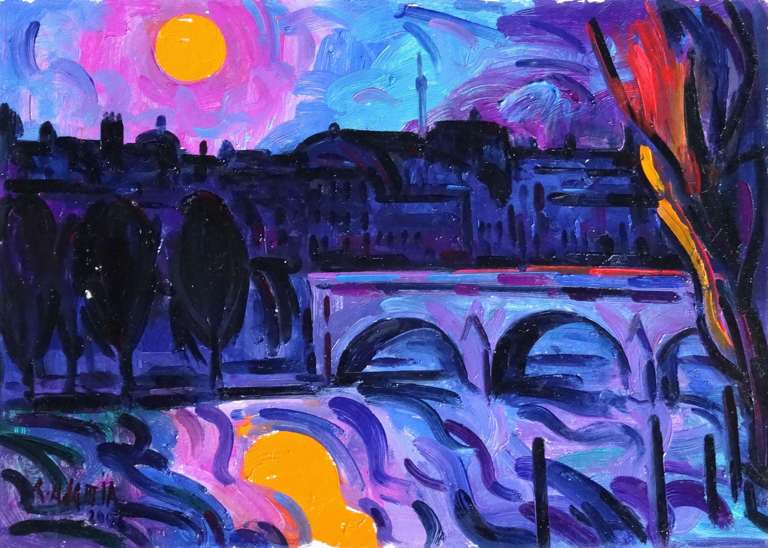 Adamia Rezo  Landscape Painting - Sunset in Paris. 2006, oil on cardboard, 33x45, 8 cm