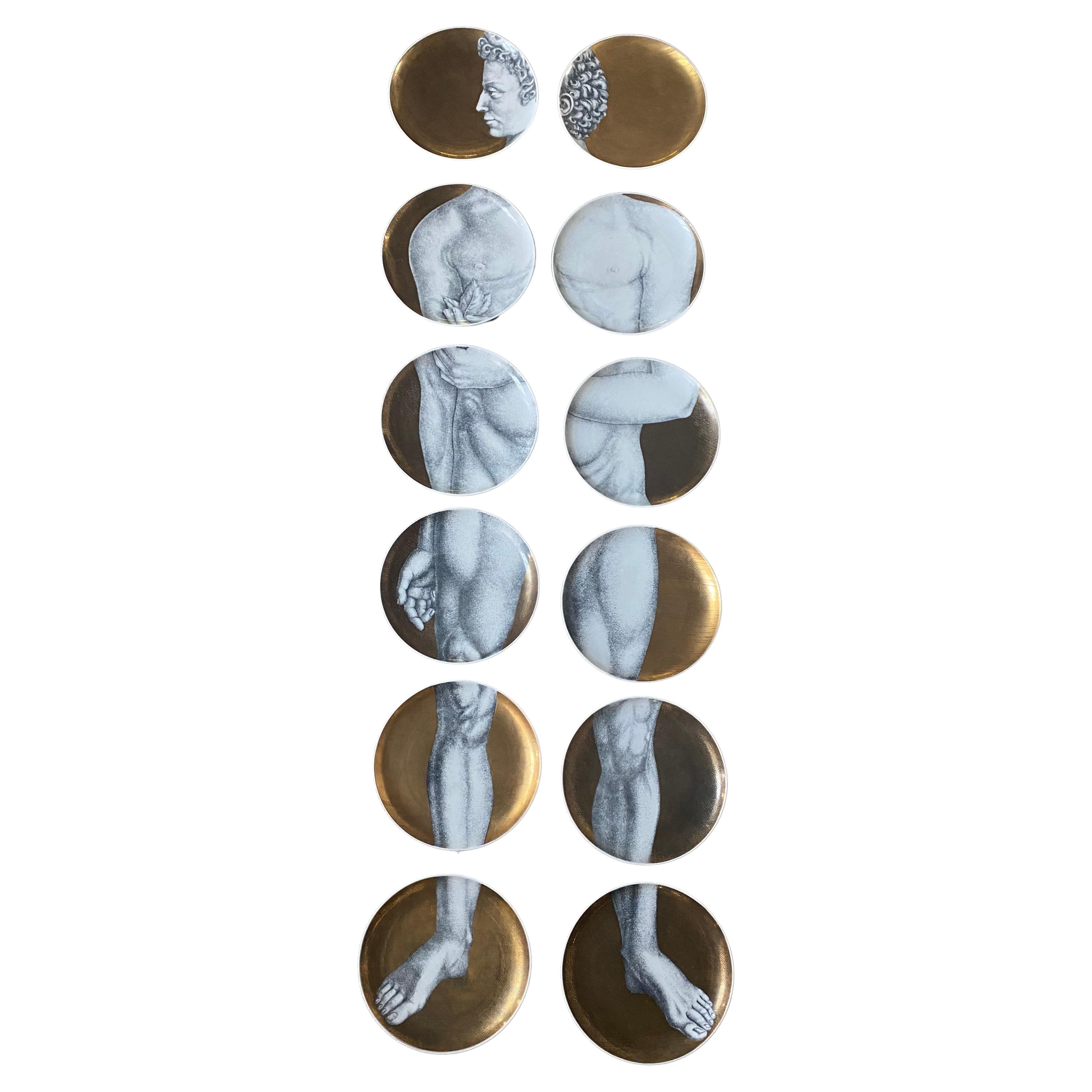 Adamo Set of 12 Fornasetti Plates Gilt Background Black White Print Midcentury For Sale