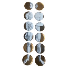 Adamo Set of 12 Fornasetti Plates Gilt Background Black White Print Midcentury