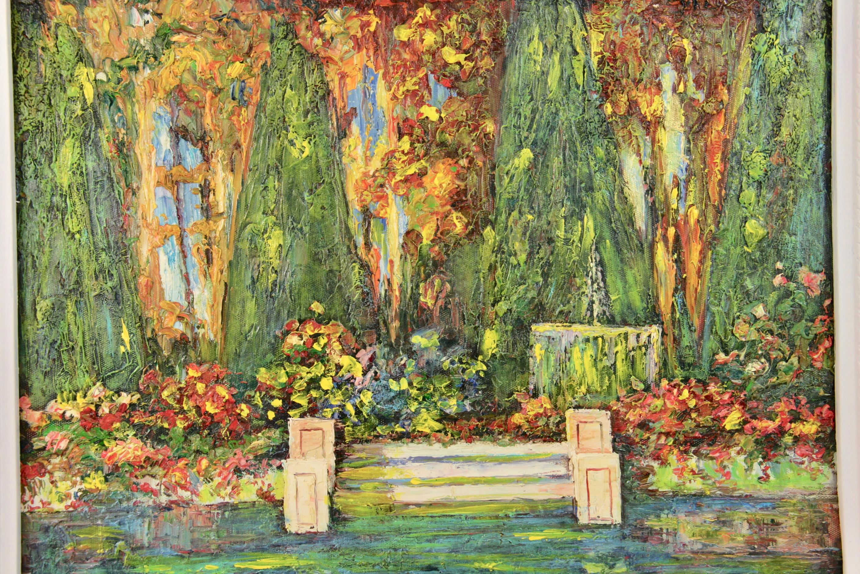 Giardini di ville impressioniste francesi vintage  Paesaggio dipinto a olio anni '60 - Painting di Adams