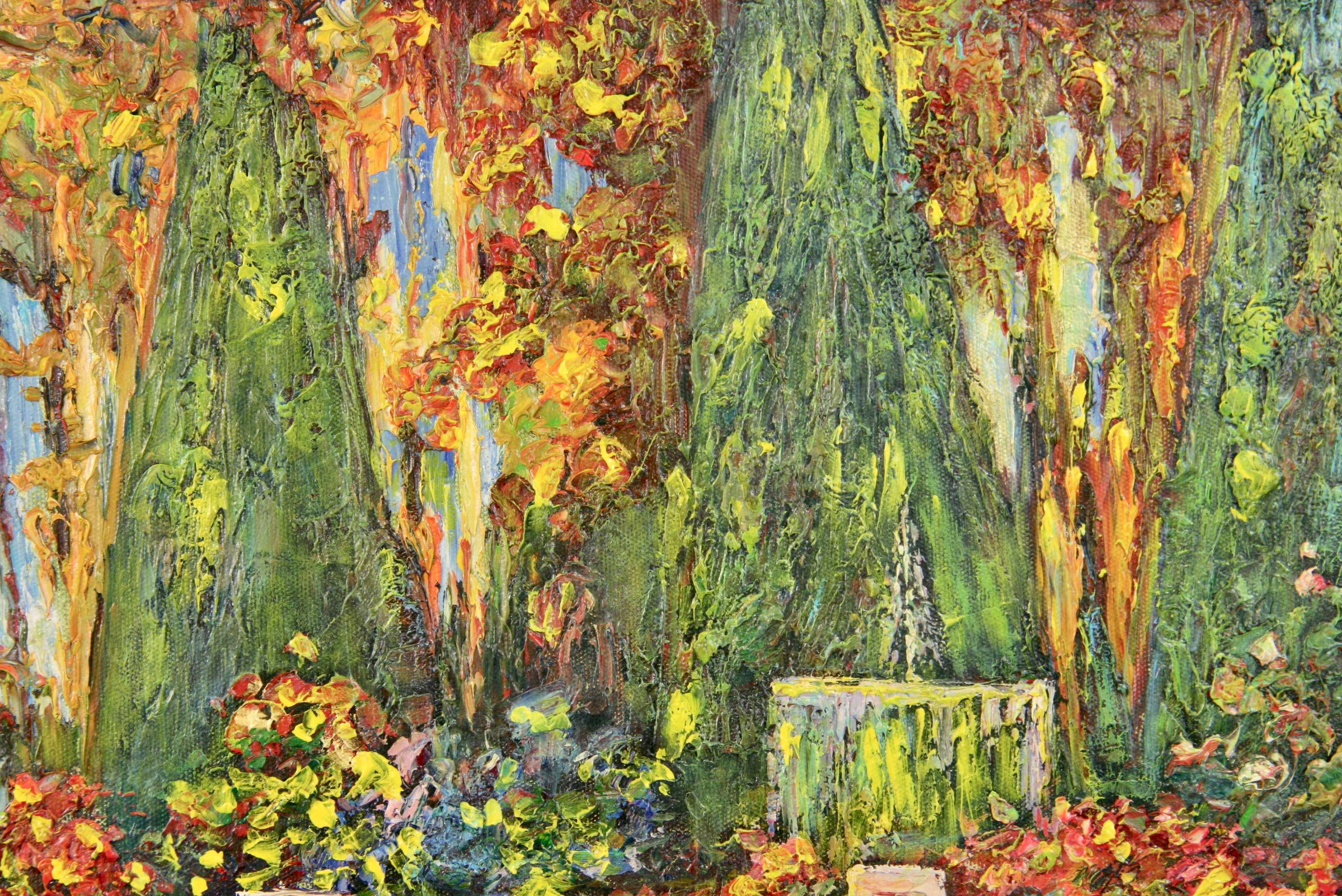 Giardini di ville impressioniste francesi vintage  Paesaggio dipinto a olio anni '60 in vendita 2