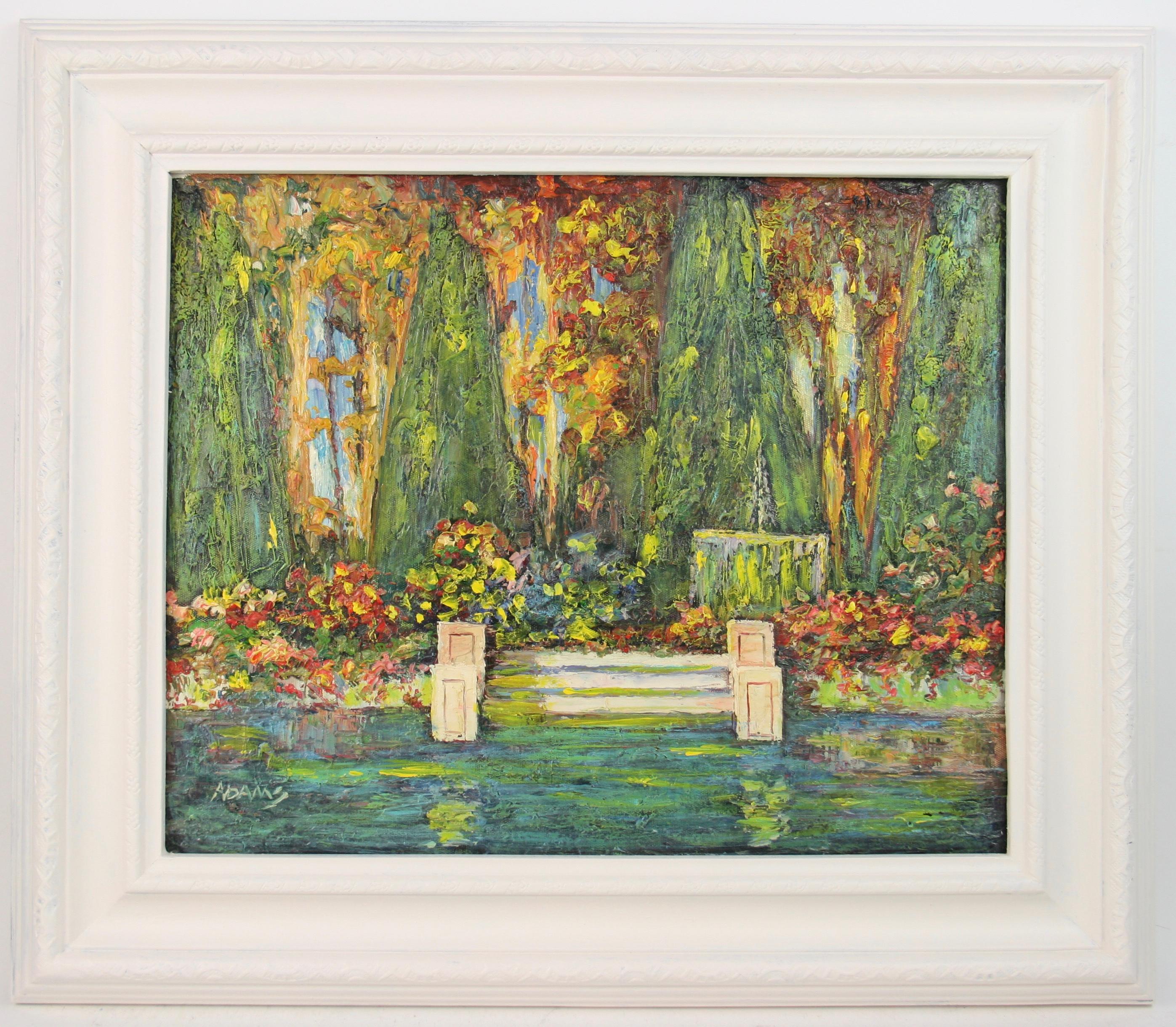 5-3365 Oil on artist board of on enchanted lily pond
Set in an ornate hand painted wood frame
Image size 12.5x15.5