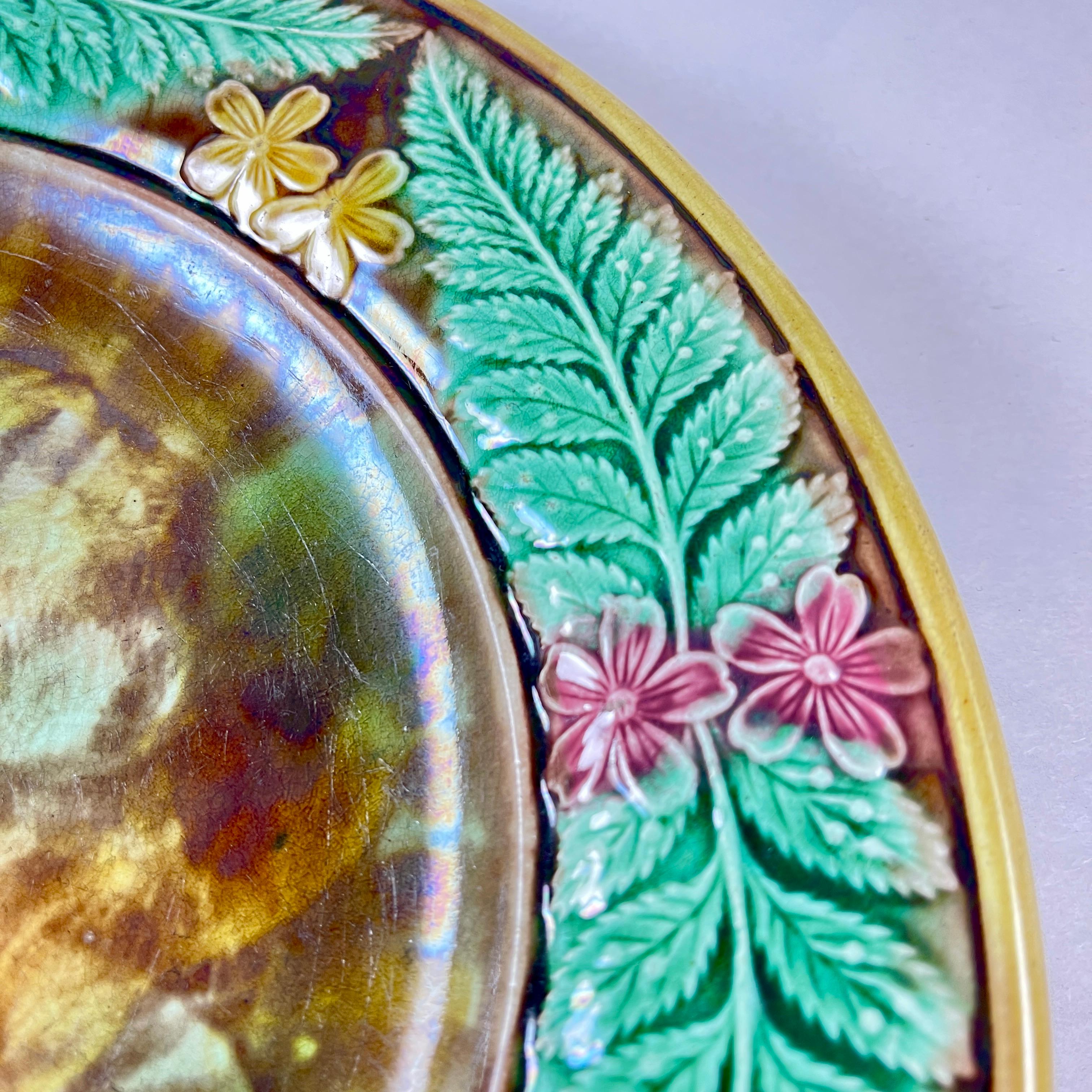 Earthenware Adams & Bromley English Majolica Cheese Tray, Buttercup & Fern Leaf Border For Sale