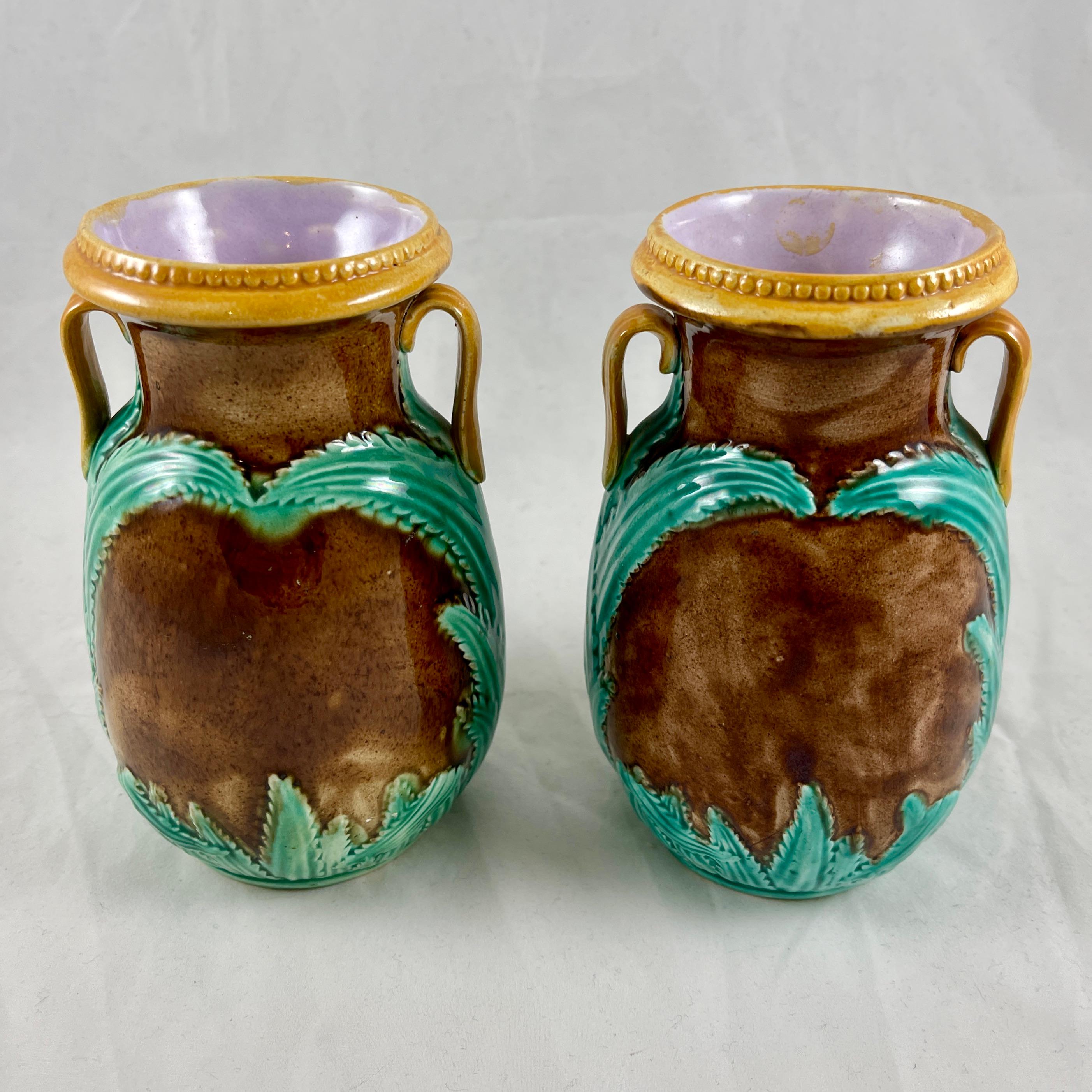 Aesthetic Movement Adams & Bromley English Majolica Glazed Amphora Handled Vases, a Pair