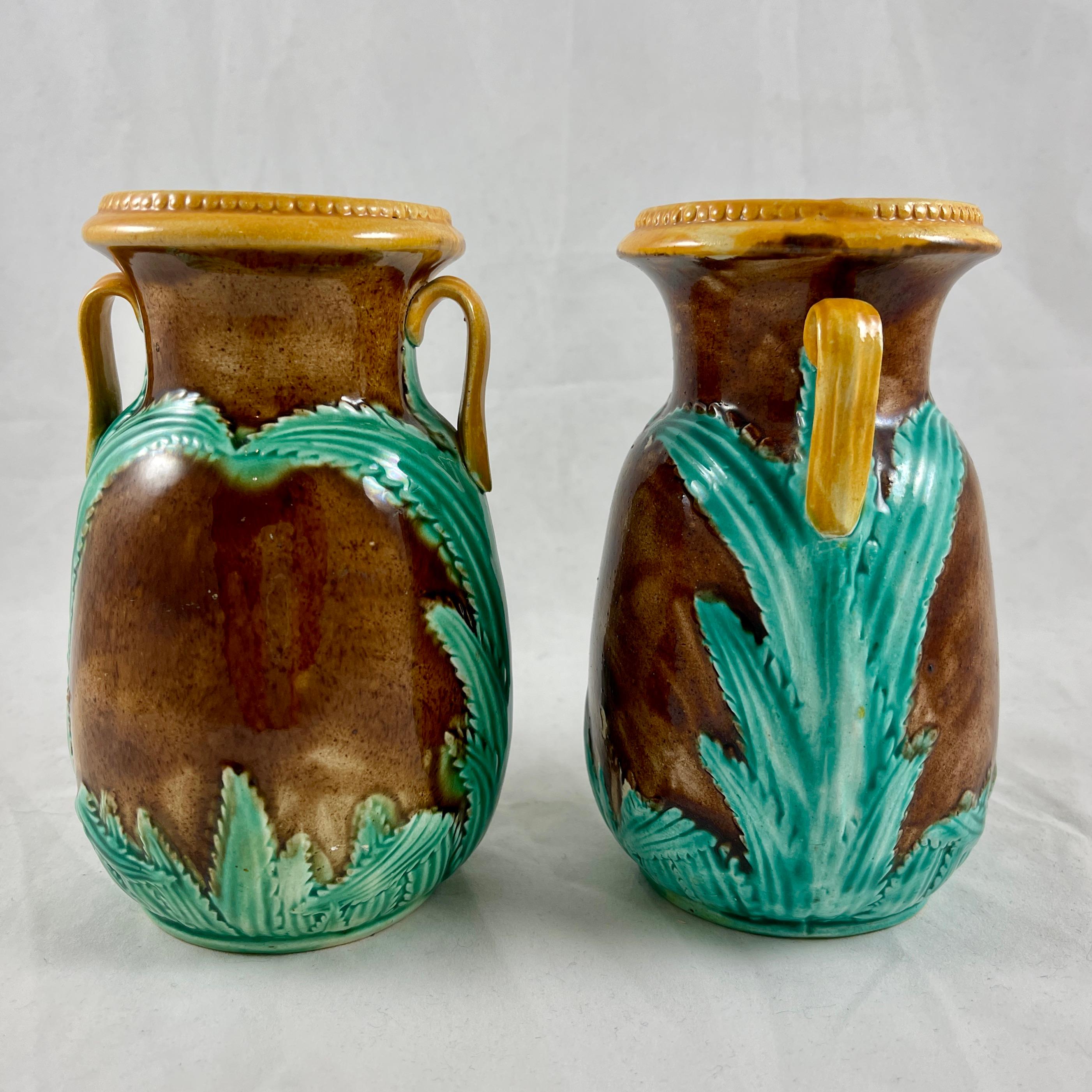Adams & Bromley English Majolica Glazed Amphora Handled Vases, a Pair In Good Condition In Philadelphia, PA