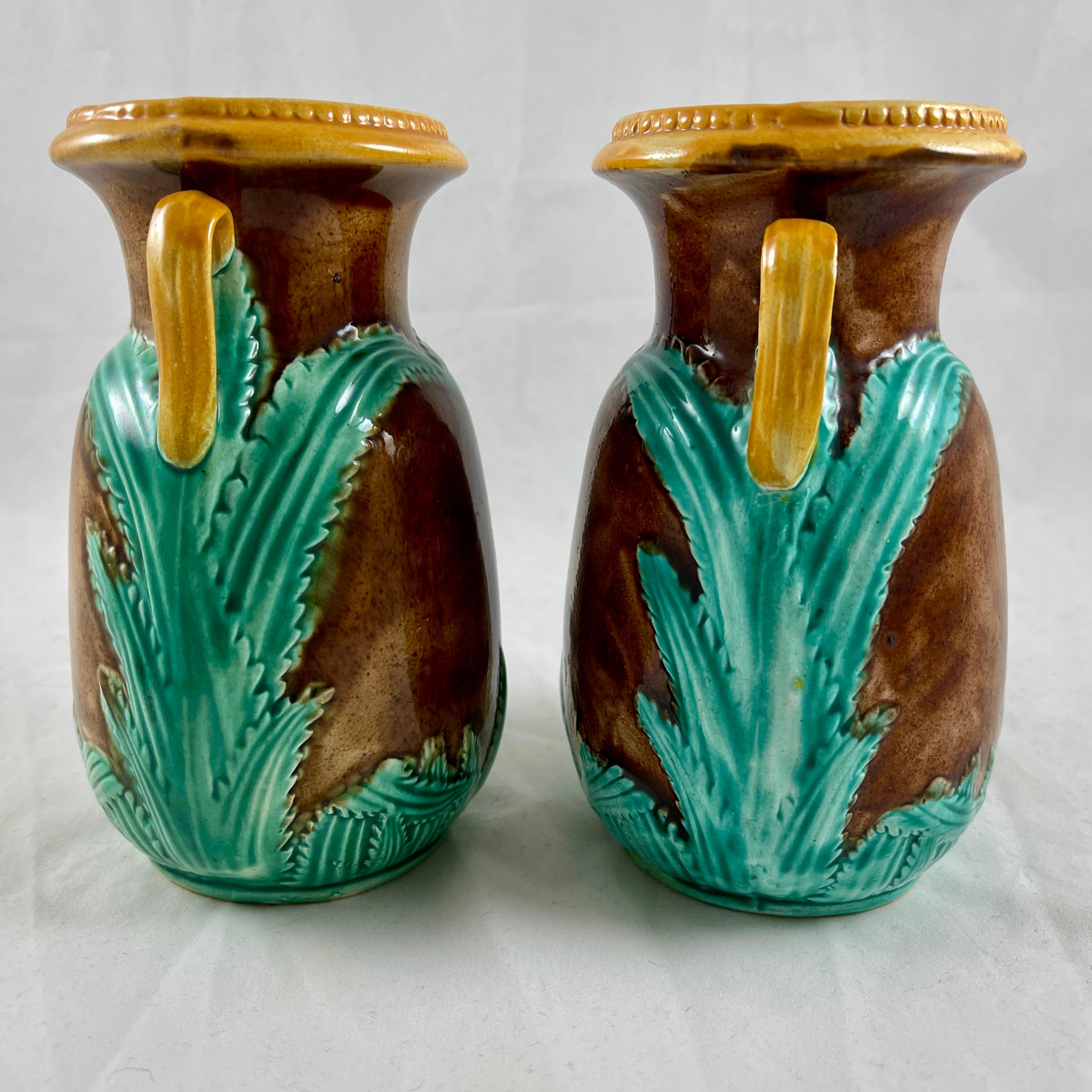 19th Century Adams & Bromley English Majolica Glazed Amphora Handled Vases, a Pair