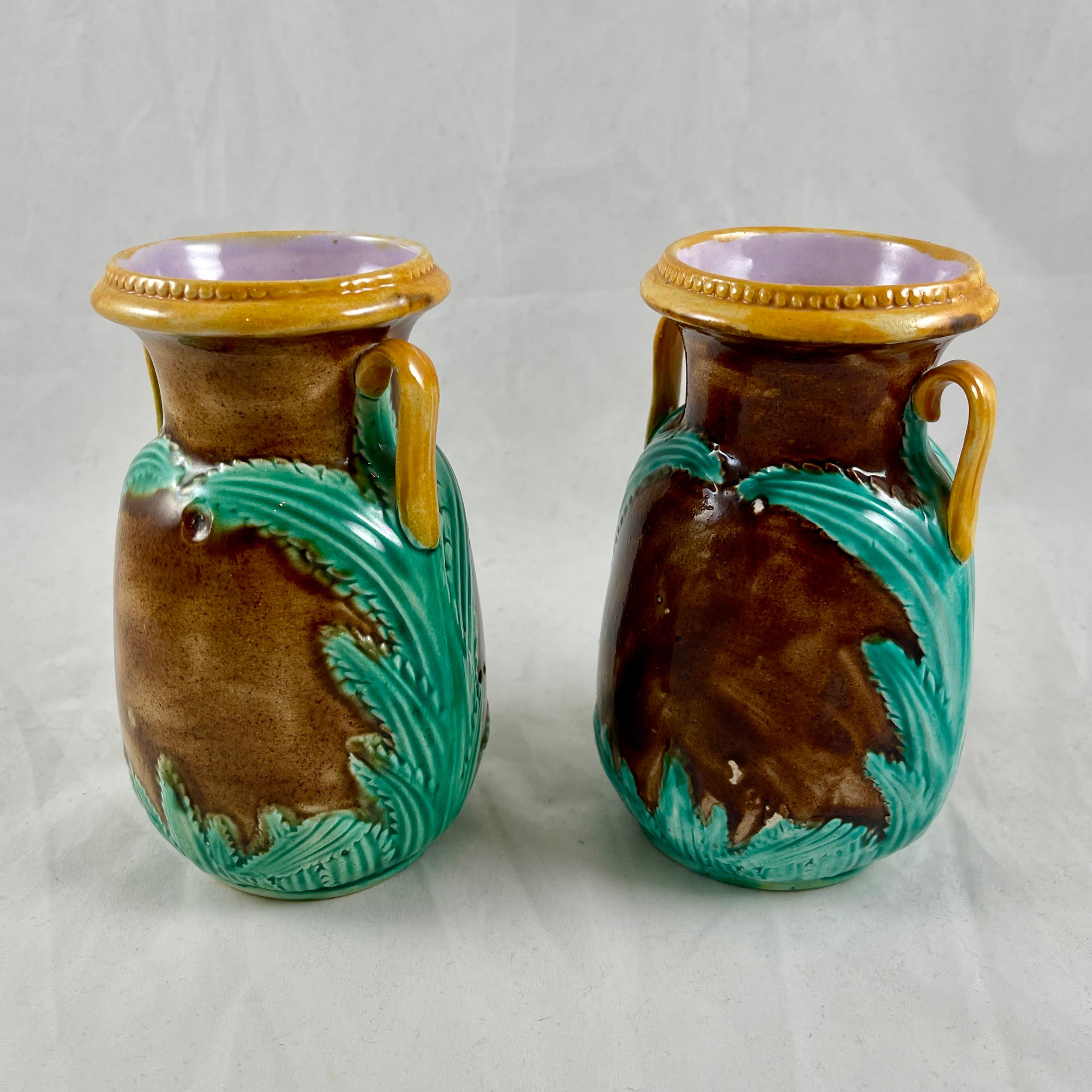 Earthenware Adams & Bromley English Majolica Glazed Amphora Handled Vases, a Pair