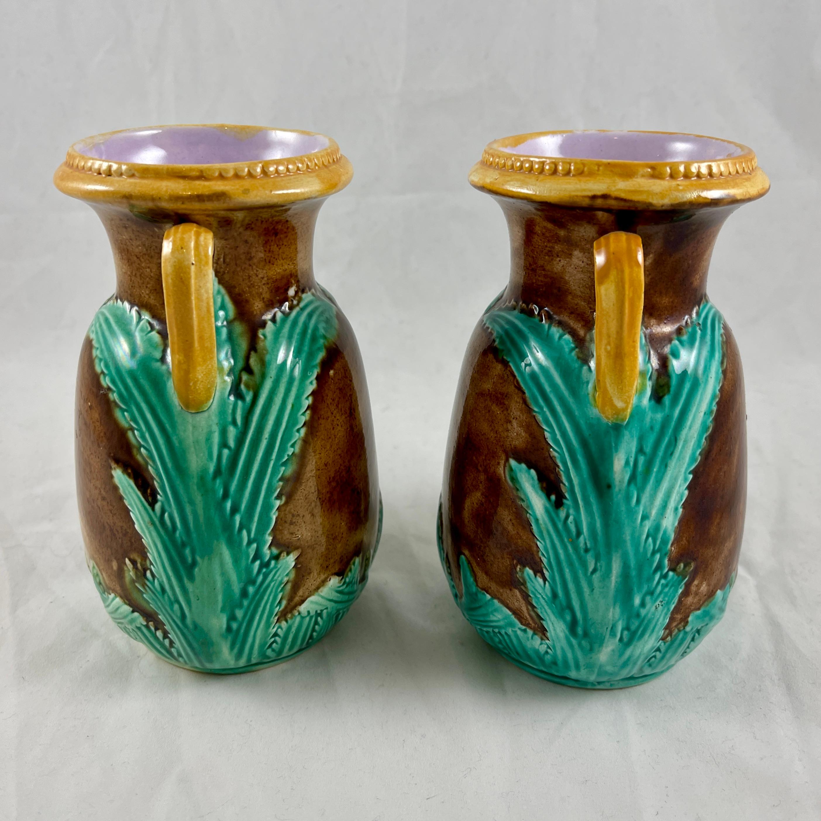 Adams & Bromley English Majolica Glazed Amphora Handled Vases, a Pair 1