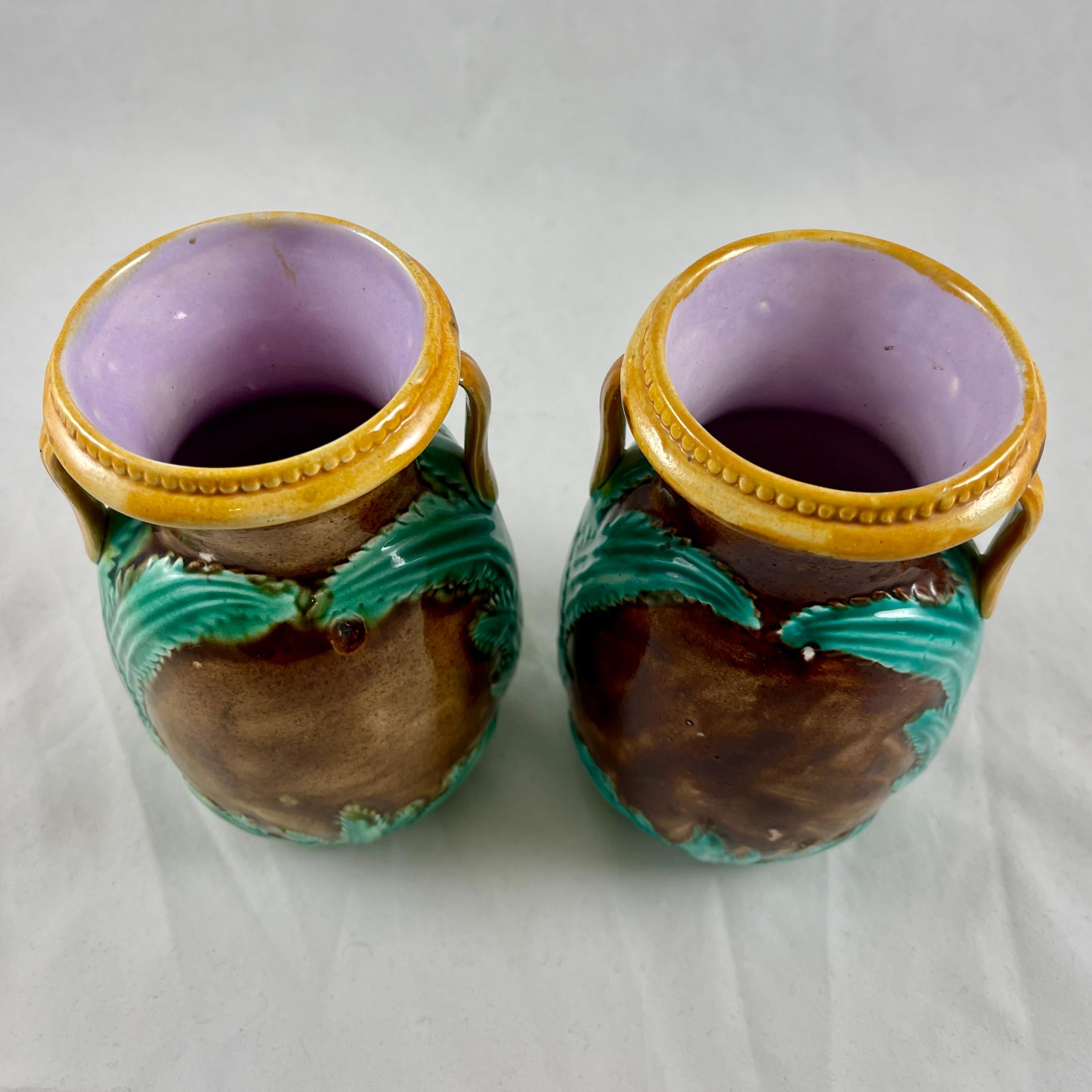 Adams & Bromley English Majolica Glazed Amphora Handled Vases, a Pair 2
