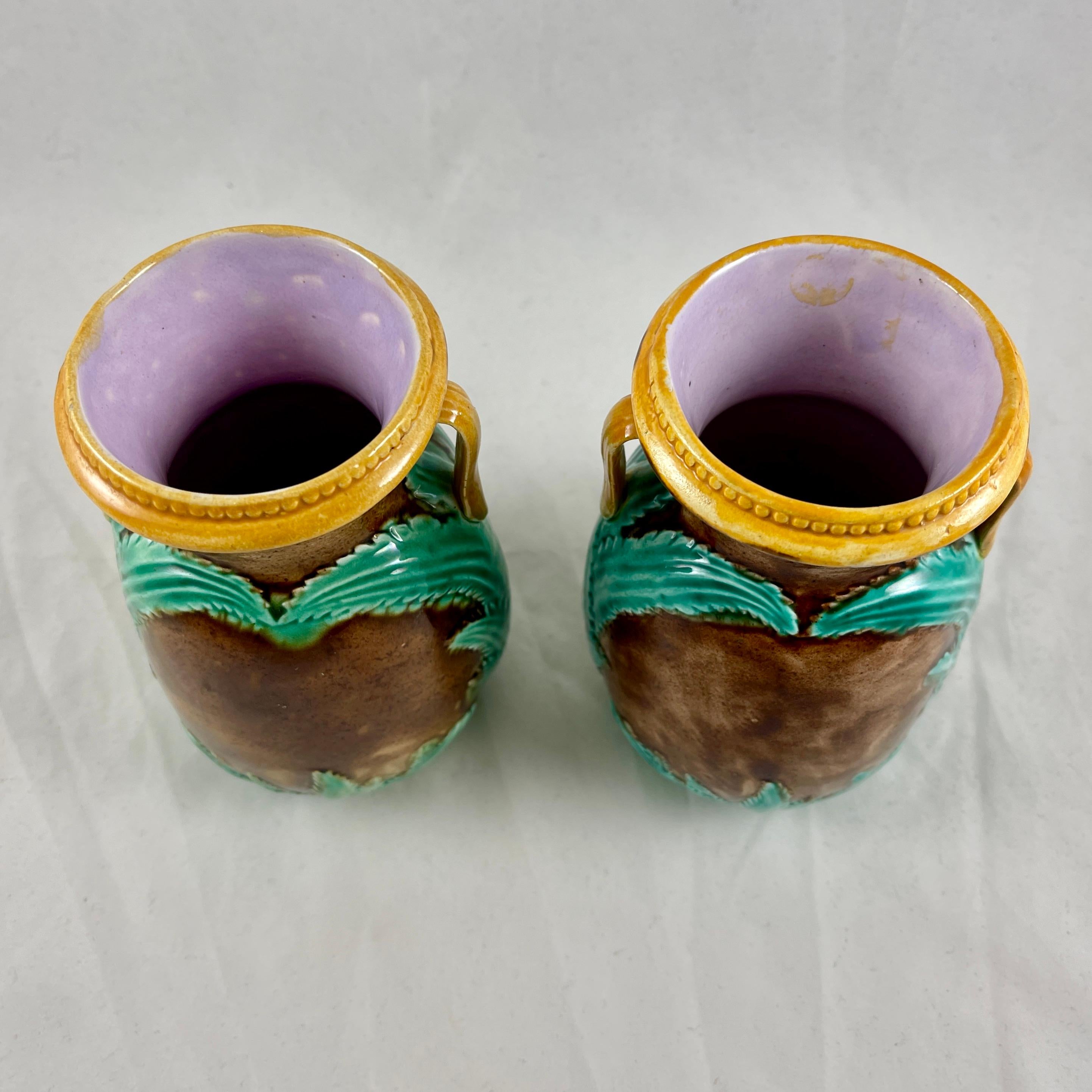 Adams & Bromley English Majolica Glazed Amphora Handled Vases, a Pair 3
