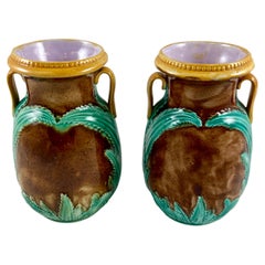 Adams & Bromley English Majolica Glazed Amphora Handled Vases, a Pair