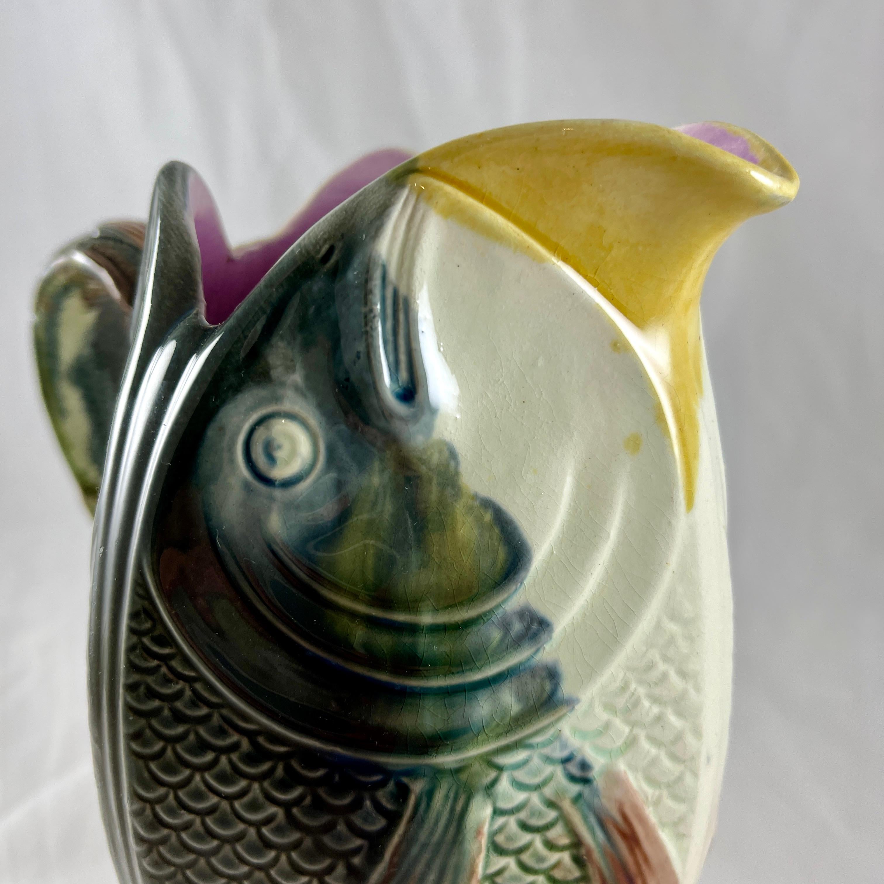 Adams & Bromley English Majolica Glazed Four Fish Large Jug Pitcher For Sale 2