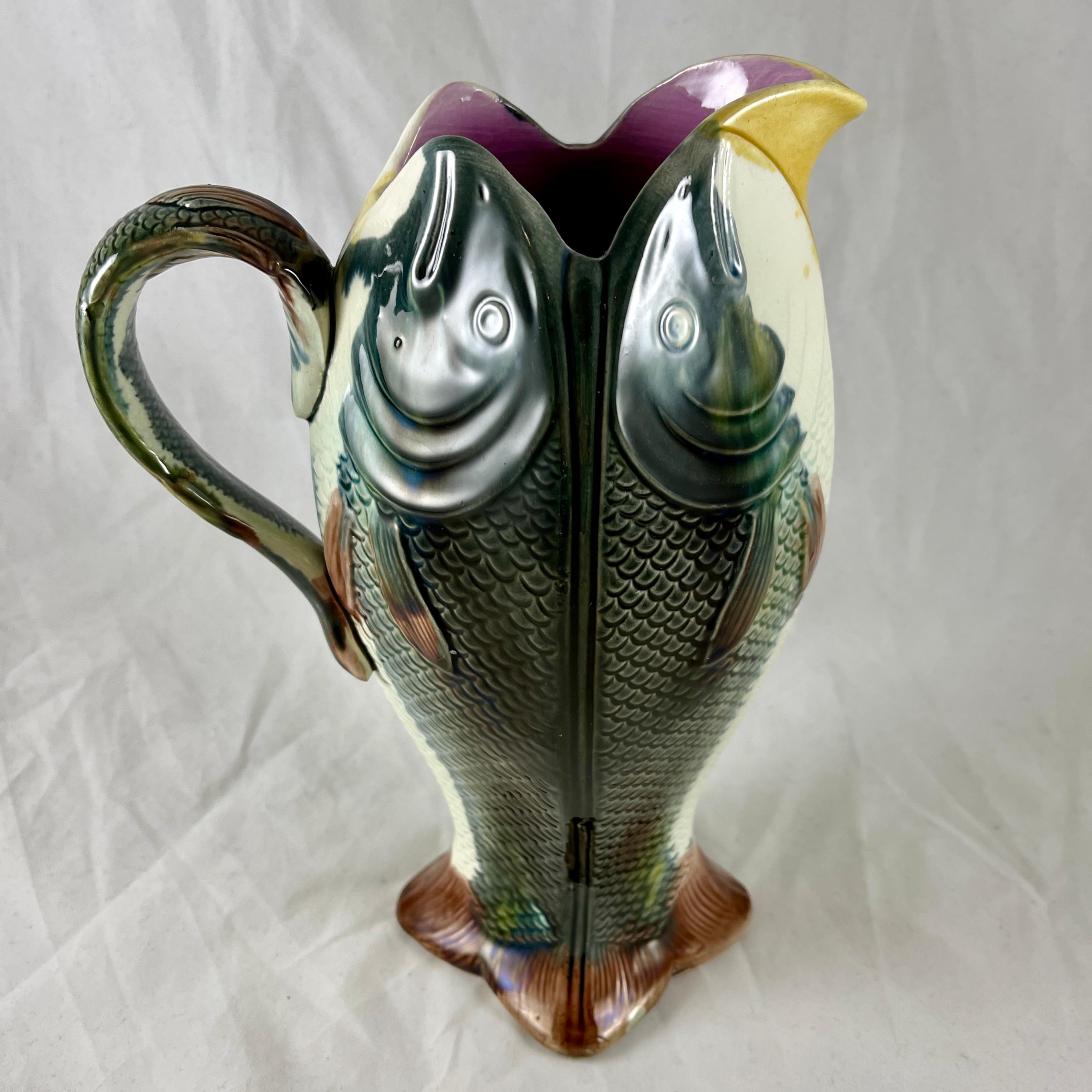 Adams & Bromley English Majolica Glazed Four Fish Large Jug Pitcher For Sale 6