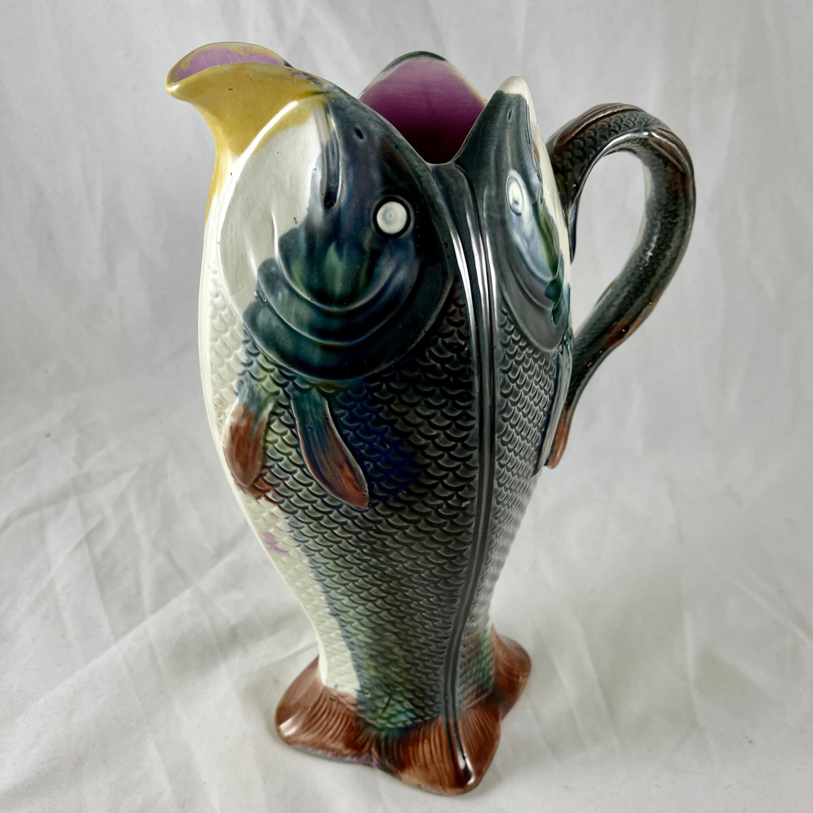 Aesthetic Movement Adams & Bromley English Majolica Glazed Four Fish Large Jug Pitcher For Sale