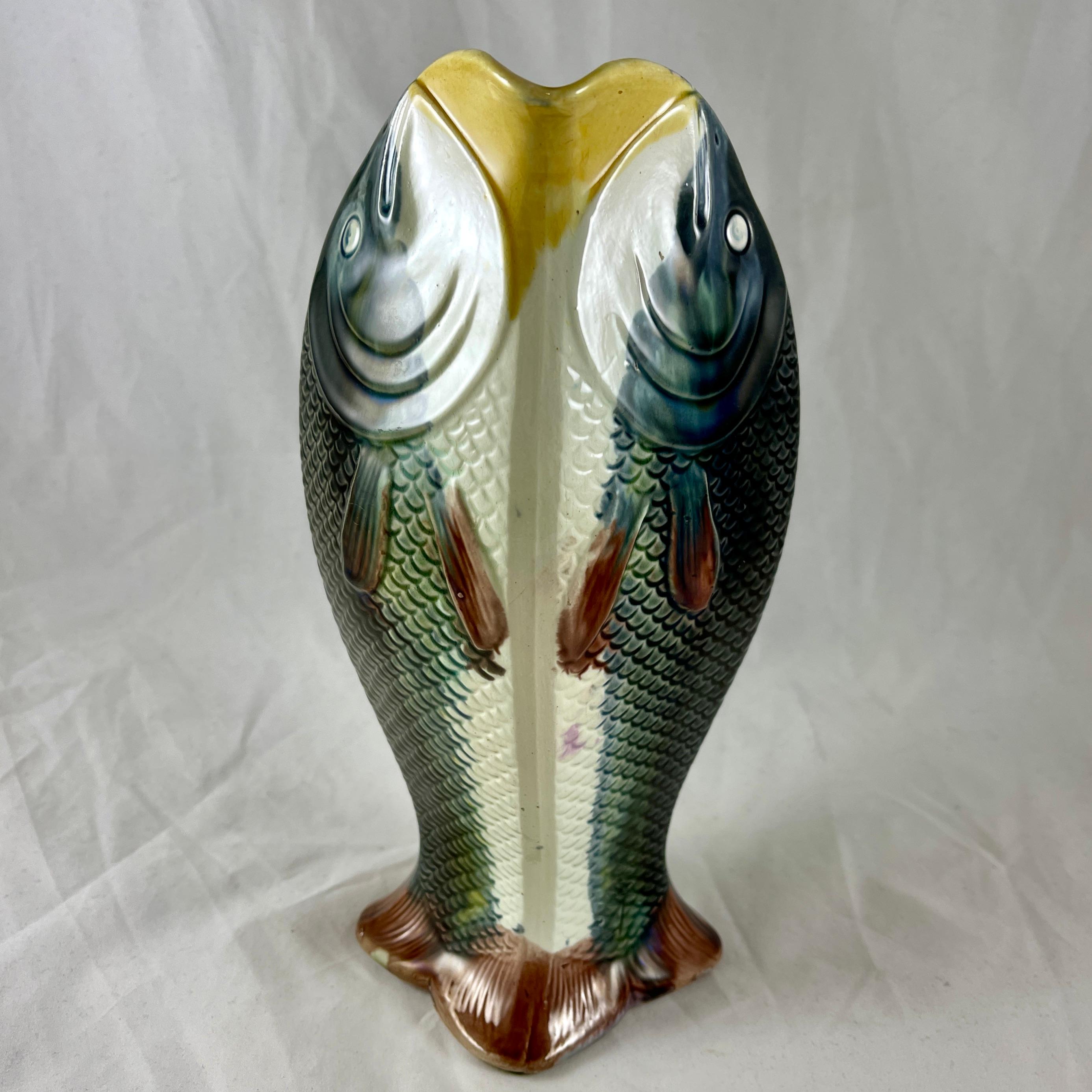 Earthenware Adams & Bromley English Majolica Glazed Four Fish Large Jug Pitcher For Sale