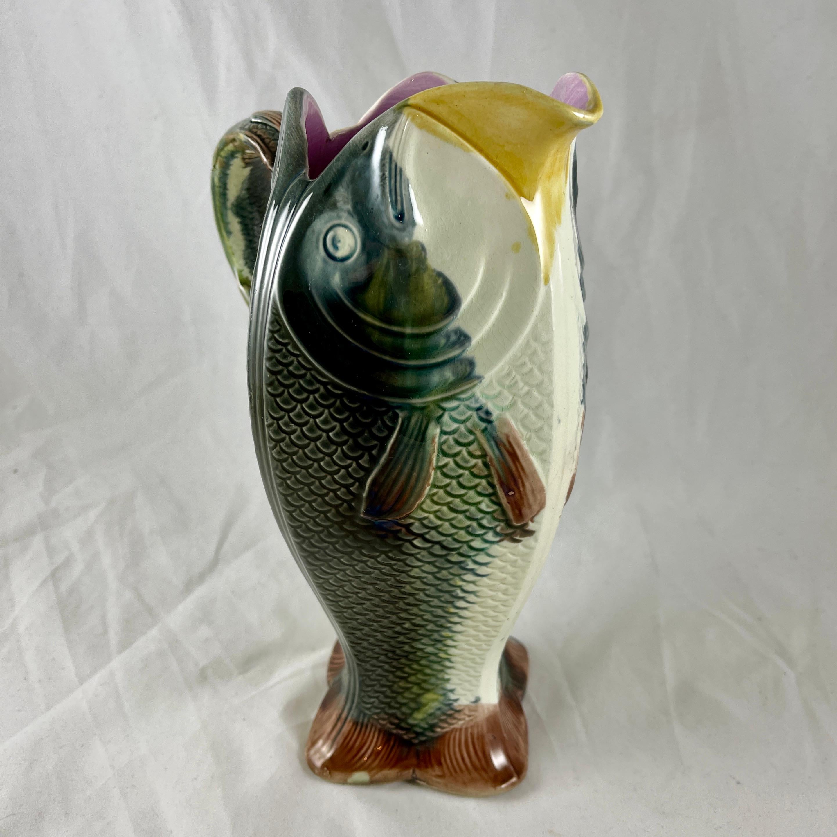 Adams & Bromley English Majolica Glazed Four Fish Large Jug Pitcher For Sale 1