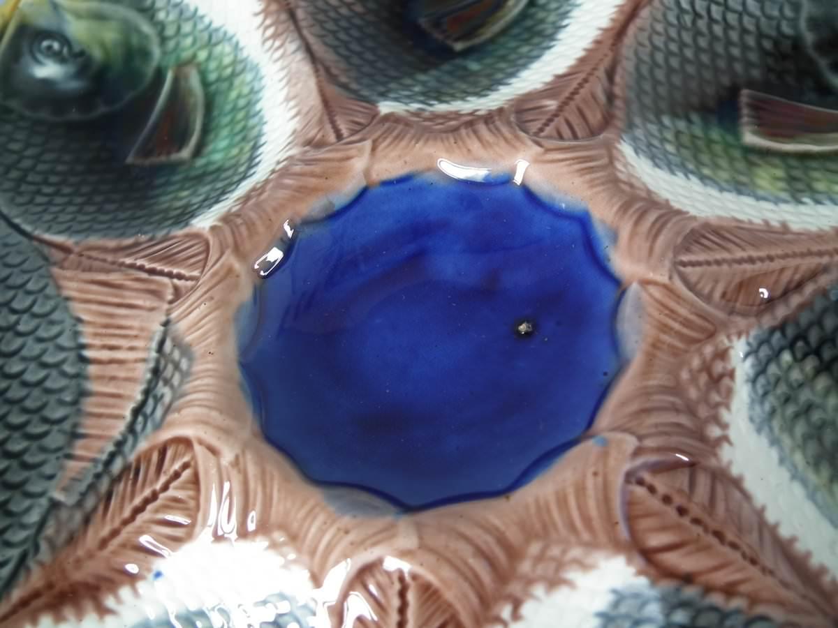Adams & Bromley Majolica 6 Well Fish Oyster Plate In Good Condition For Sale In Chelmsford, Essex
