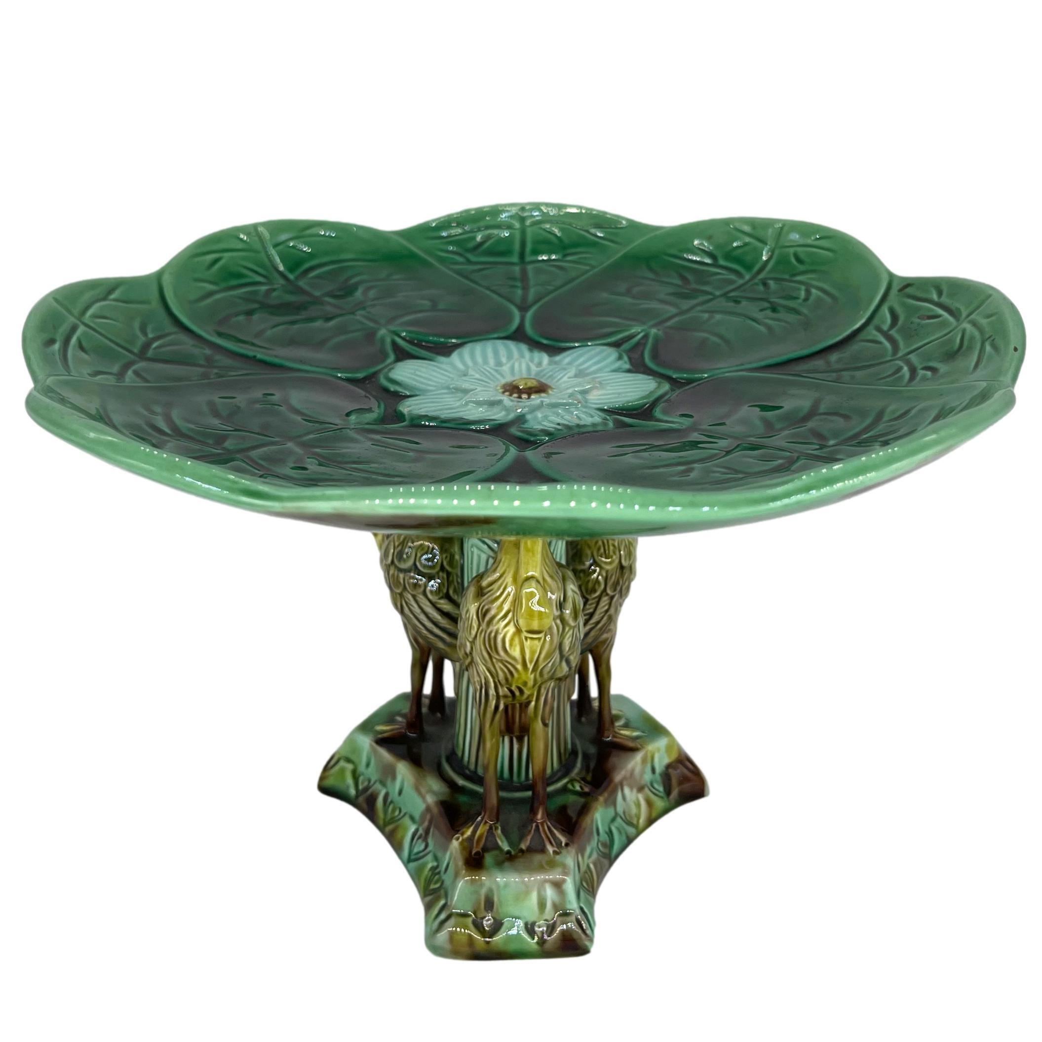 Victorian Adams & Bromley Majolica Lily Pad Comport with Three Herons Pedestal, ca. 1880