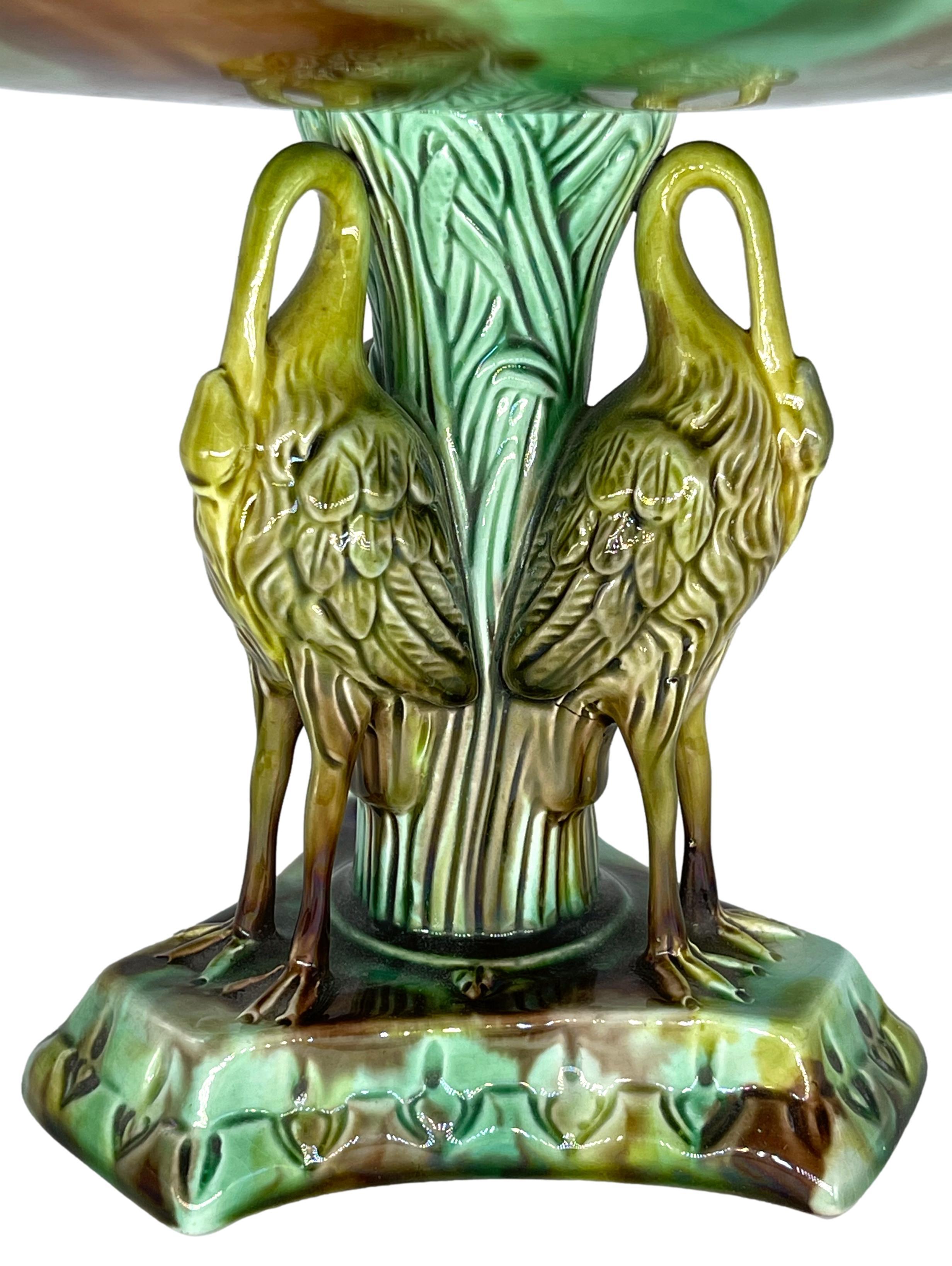 English Adams & Bromley Majolica Lily Pad Comport with Three Herons Pedestal, ca. 1880