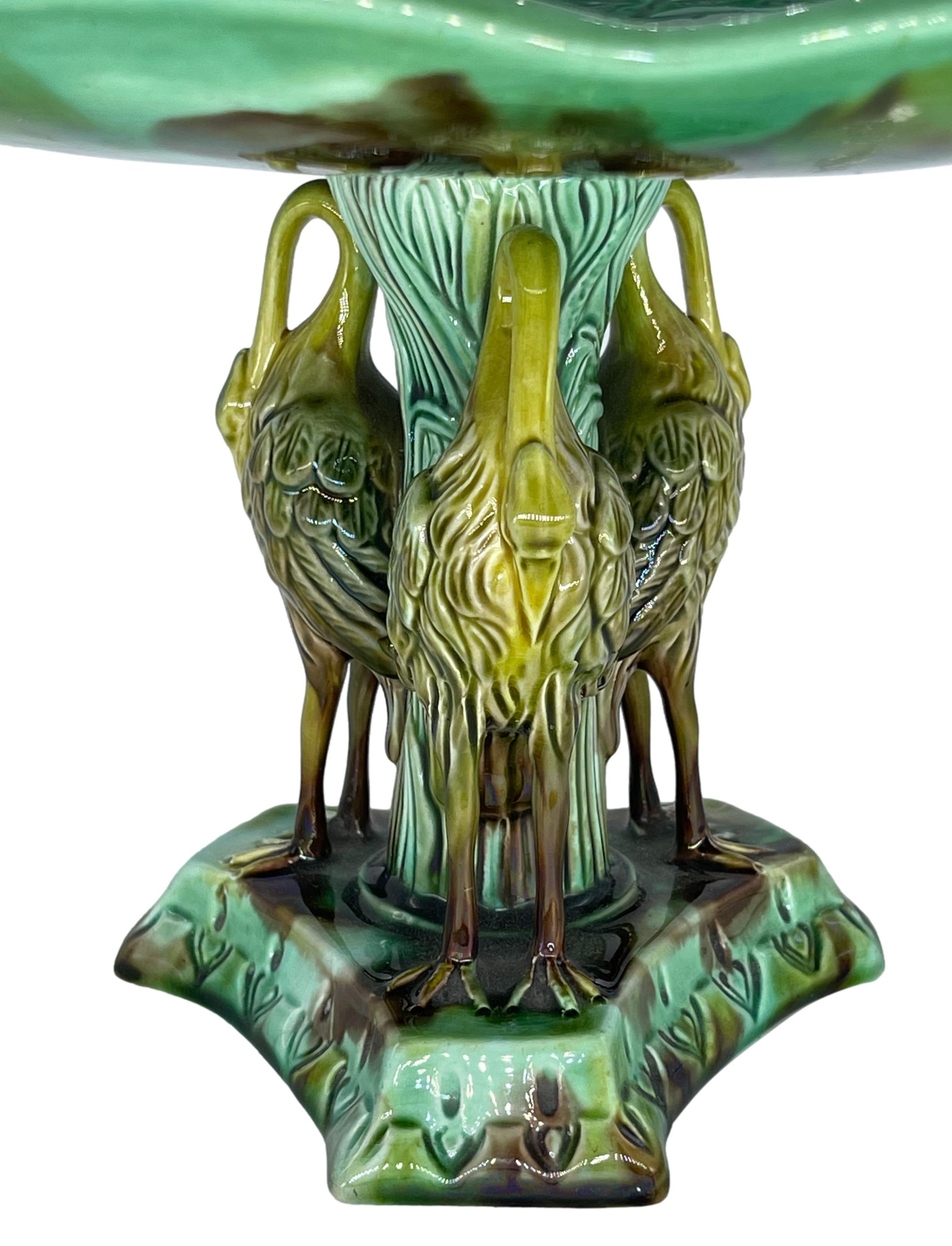 Molded Adams & Bromley Majolica Lily Pad Comport with Three Herons Pedestal, ca. 1880