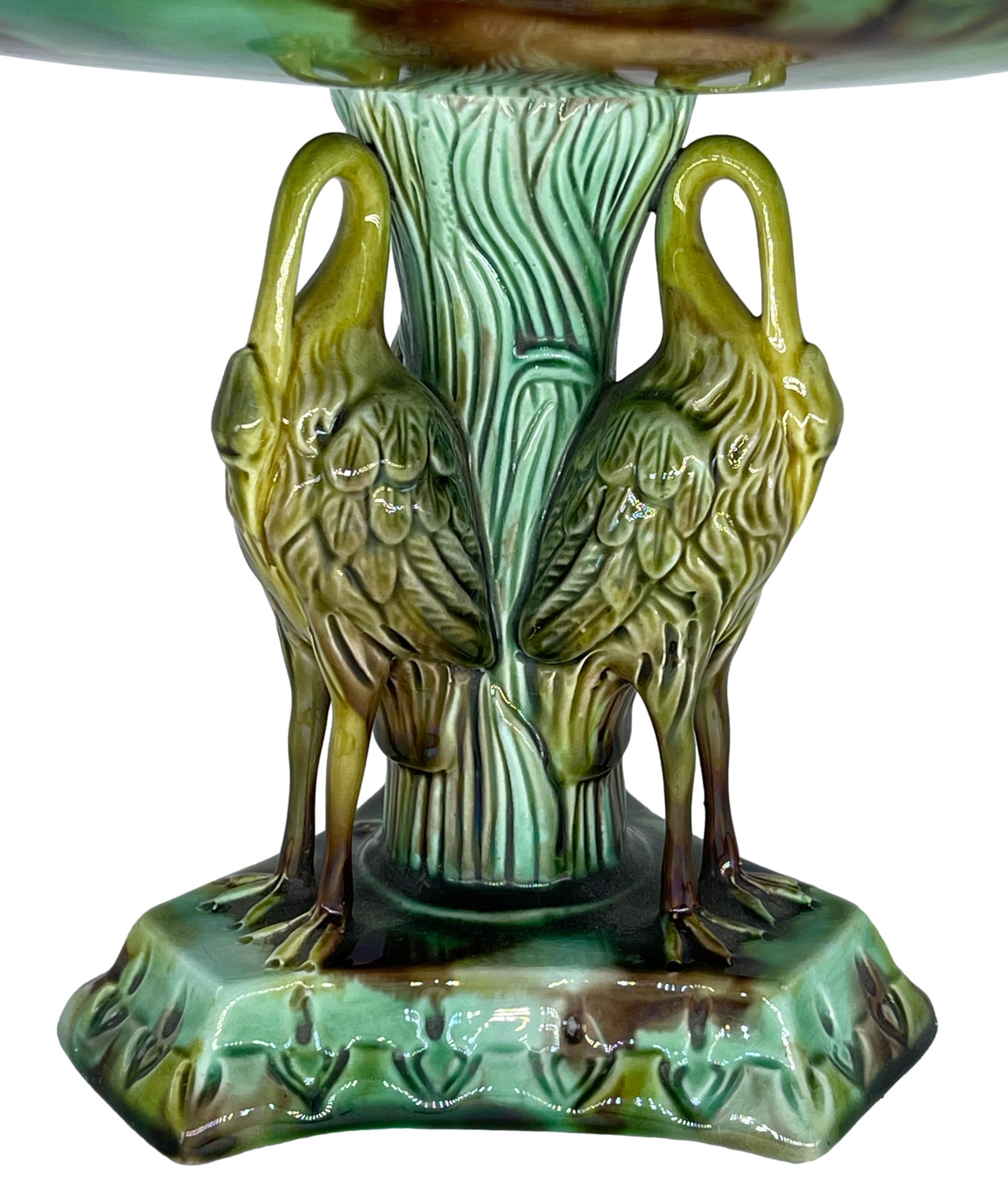 Adams & Bromley Majolica Lily Pad Comport with Three Herons Pedestal, ca. 1880 In Good Condition In Banner Elk, NC