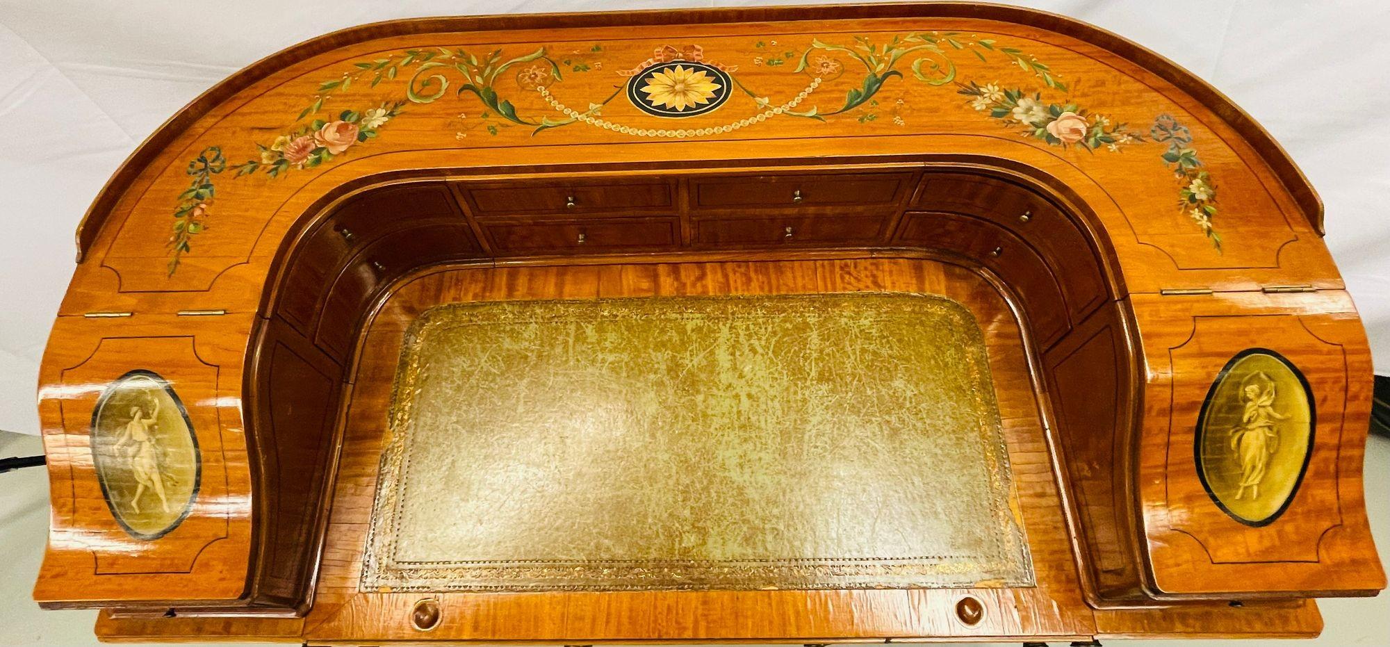 Adams Edwardian Inlaid Carlton House Desk, Hand Painted, Angela Kauffman For Sale 8