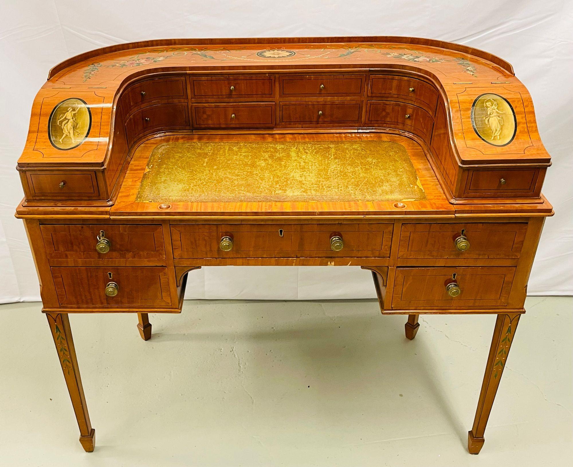 Adams Edwardian Inlaid Carlton house desk, hand painted, satinwood,

An absolutely stunning Adams Carlton House desk in the manner of Angelica Kauffman. Typical form, the superstructure fitted with four banks of two small drawers flanked by curved