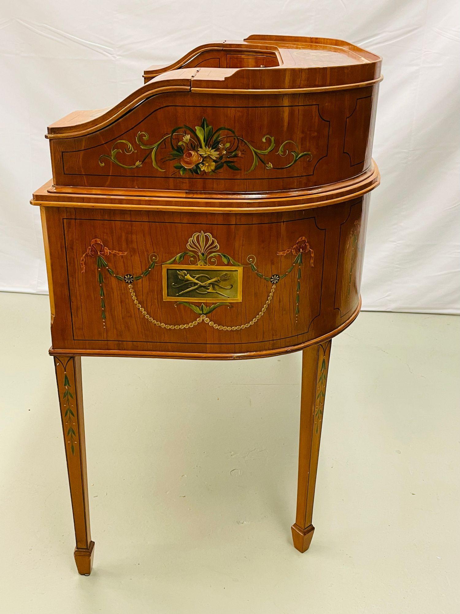 Early 20th Century Adams Edwardian Inlaid Carlton House Desk, Hand Painted, Angela Kauffman For Sale