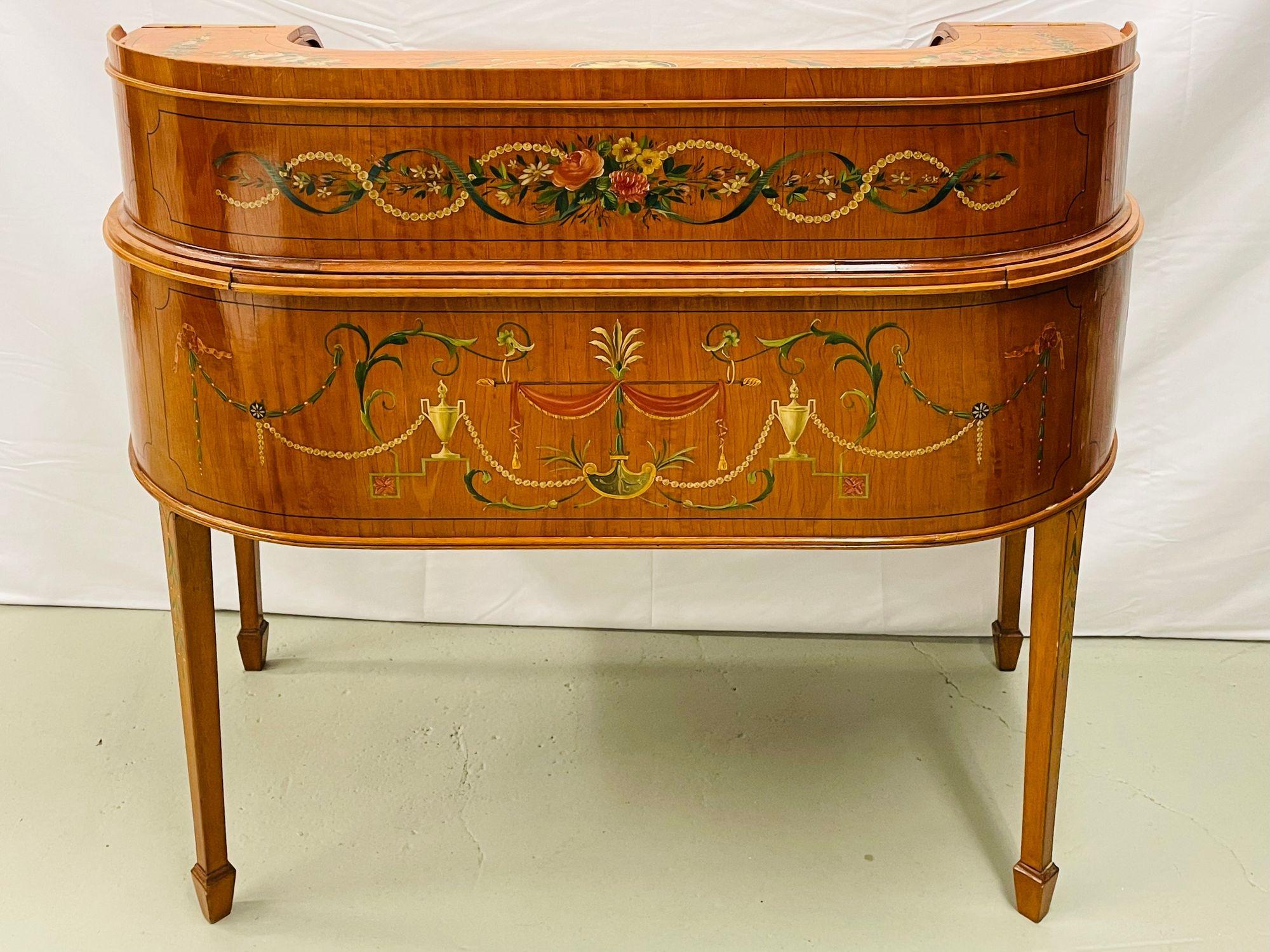 Wood Adams Edwardian Inlaid Carlton House Desk, Hand Painted, Angela Kauffman For Sale