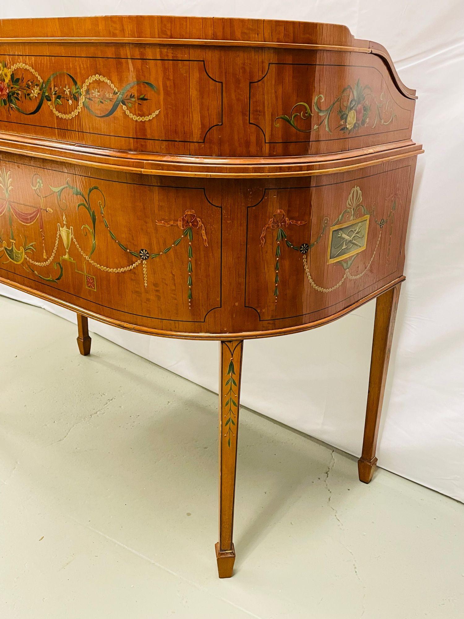 Adams Edwardian Inlaid Carlton House Desk, Hand Painted, Angela Kauffman For Sale 1