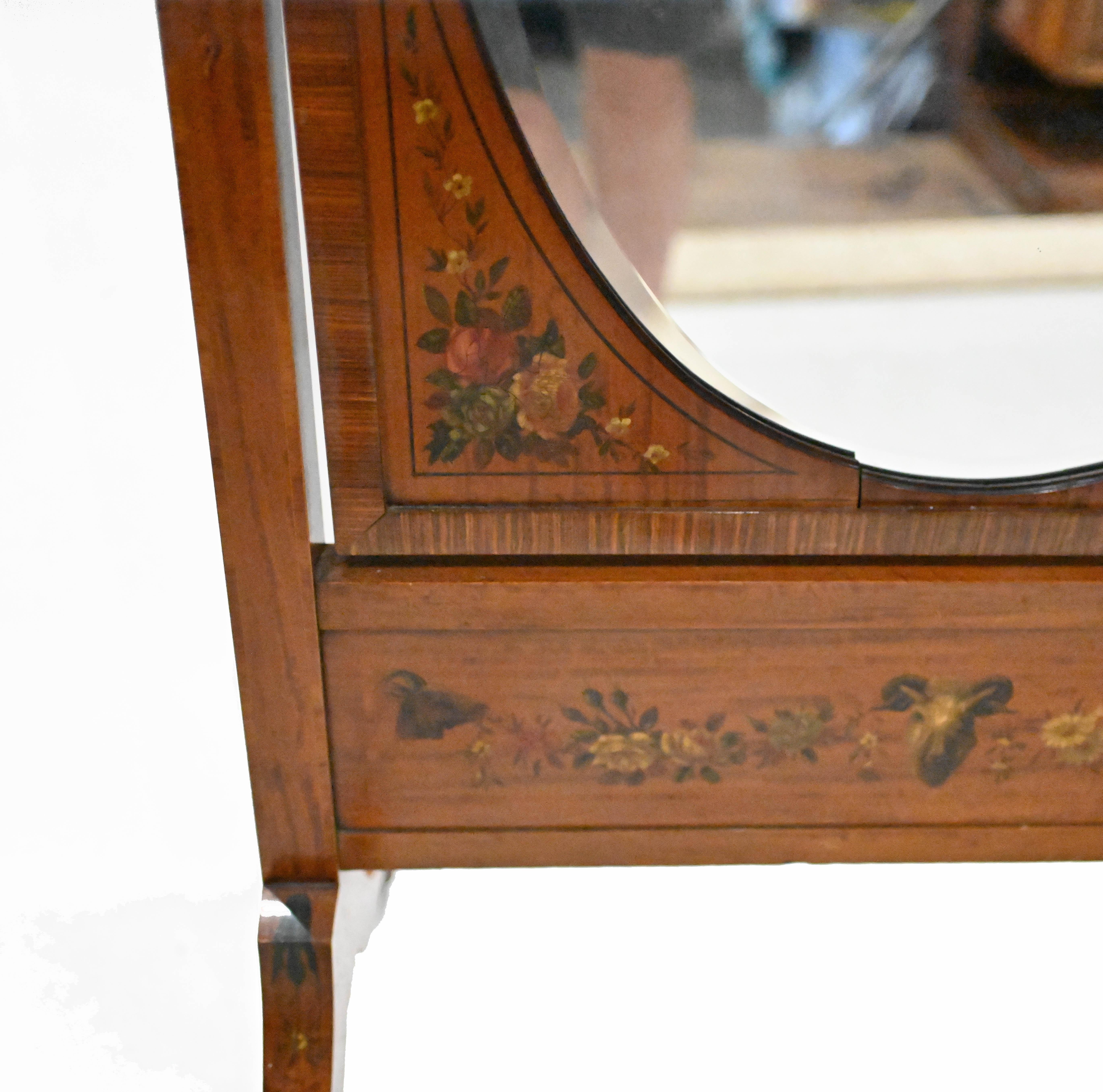 Gorgeous Edwardian cheval mirror in the Adams style
Hand crafted from satinwood with hand painted details, mainly floral motifs
Great floor standing mirror which swivels so good for dressing in front of
Oval glass is clear and blemish free
Bought