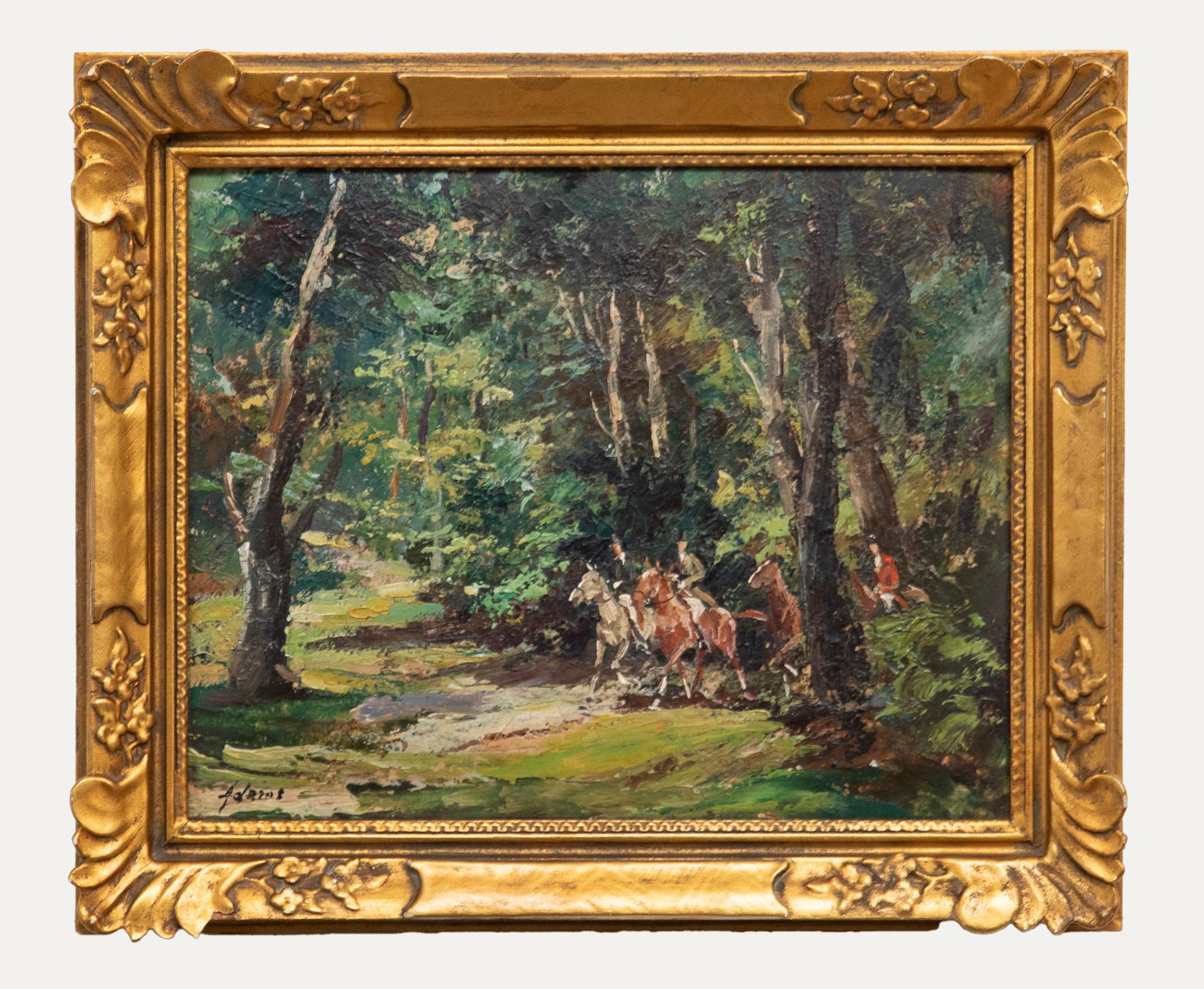Hunting scene in oil. Signed 'Adams' lower right. Presented in a decorative gilt-effect frame with a signed Peerart label verso. On board.