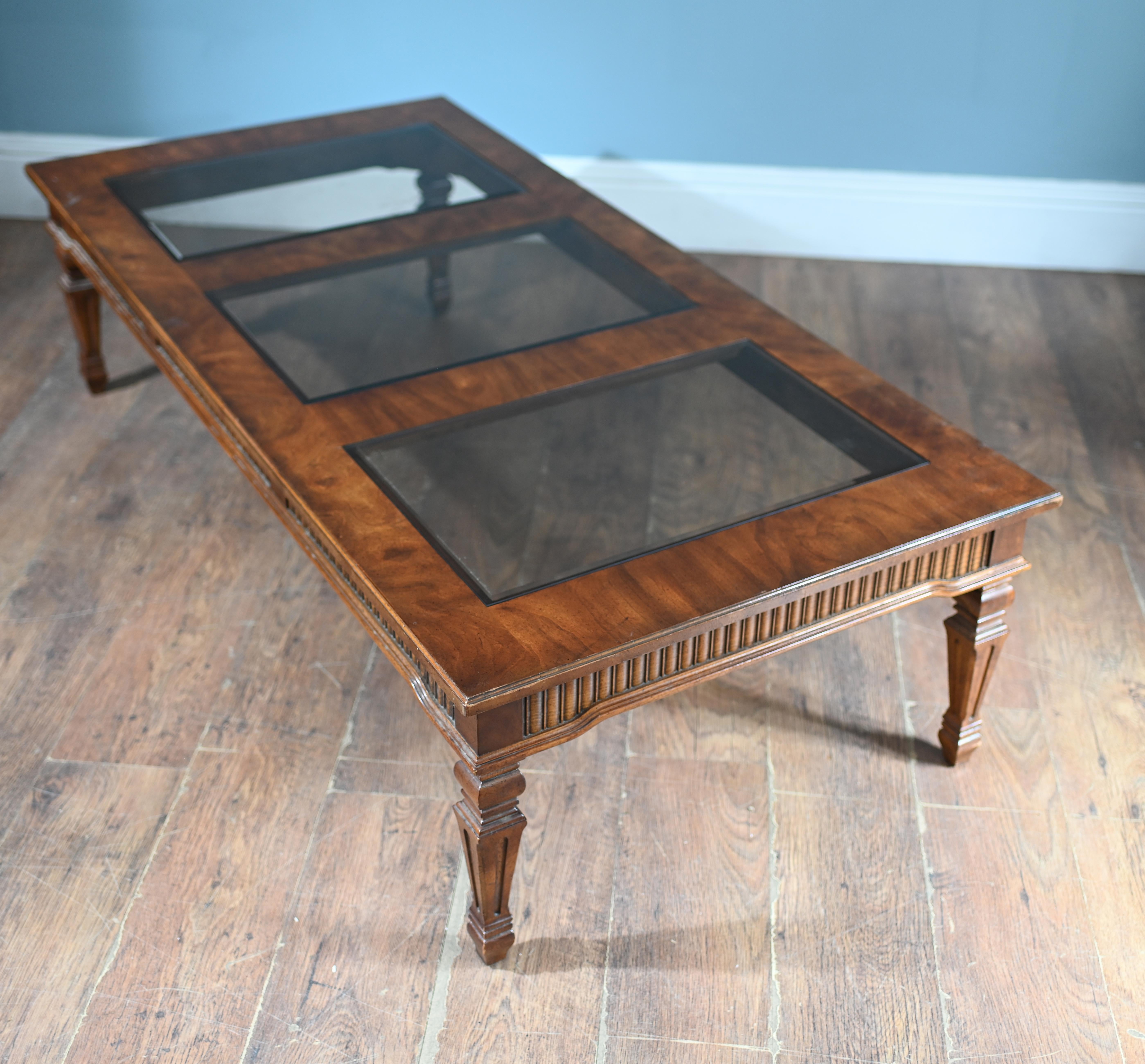 Late 20th Century Adams Revival Coffee Table Walnut Glass Inserts For Sale