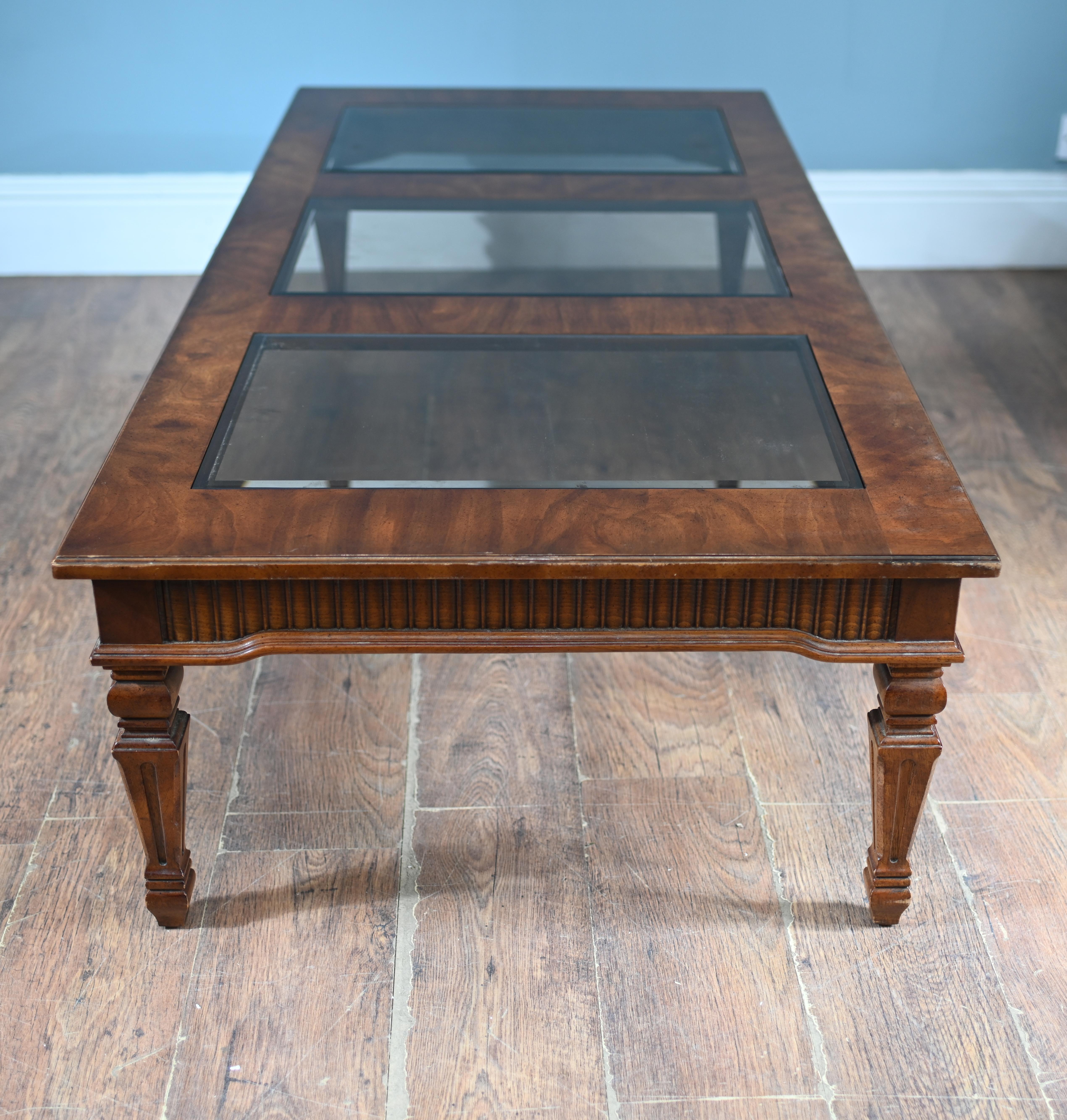 Adams Revival Coffee Table Walnut Glass Inserts For Sale 1